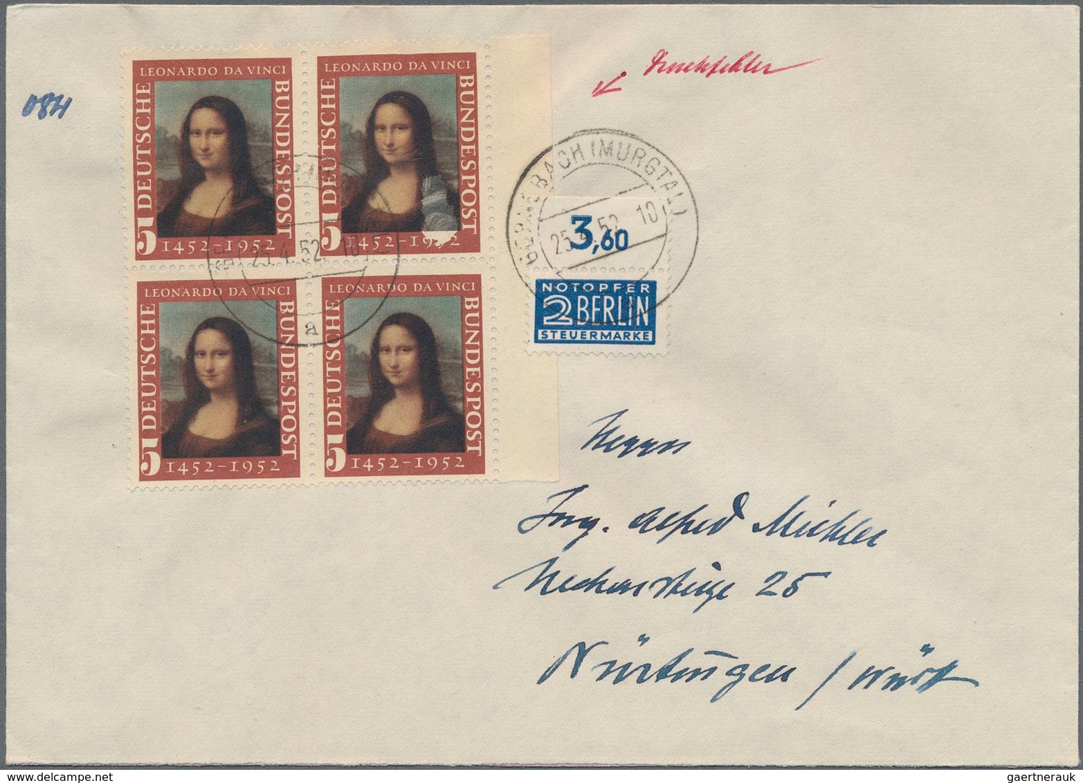 Bundesrepublik Deutschland: 1952, 5 Pfg Mona Lisa, "500. Geburstag Von Leonardo Da Vinci" Tadelloser - Lettres & Documents