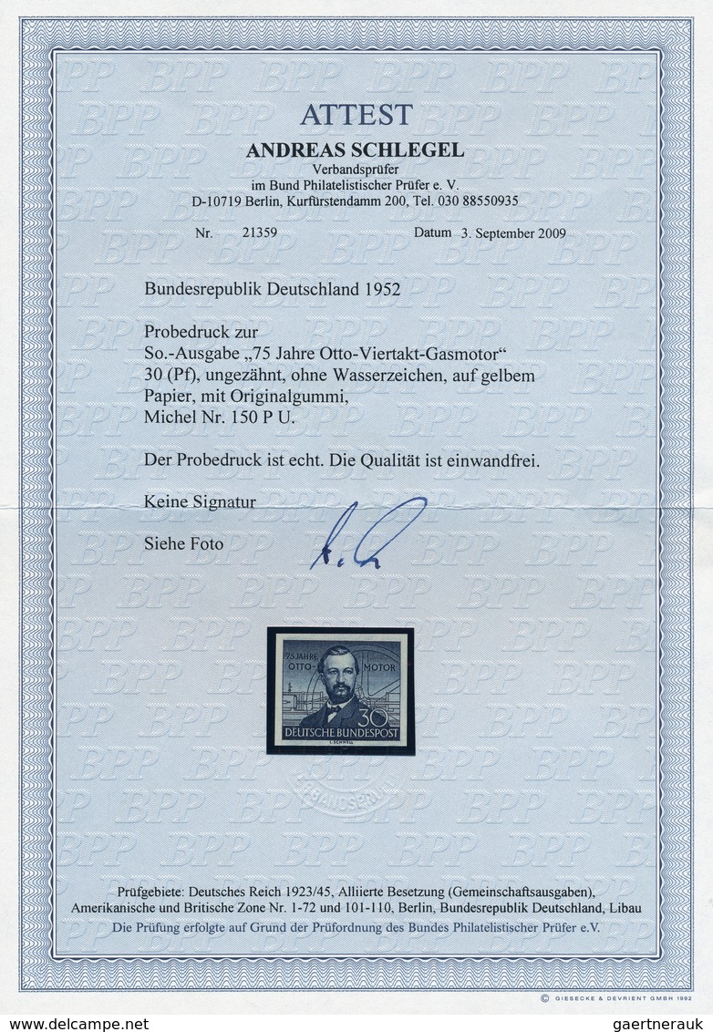 Bundesrepublik Deutschland: 1952, 75 Jahre Otto-Motor Als UNGEZÄHNTER PROBEDRUCK Auf Gelbem Papier O - Covers & Documents