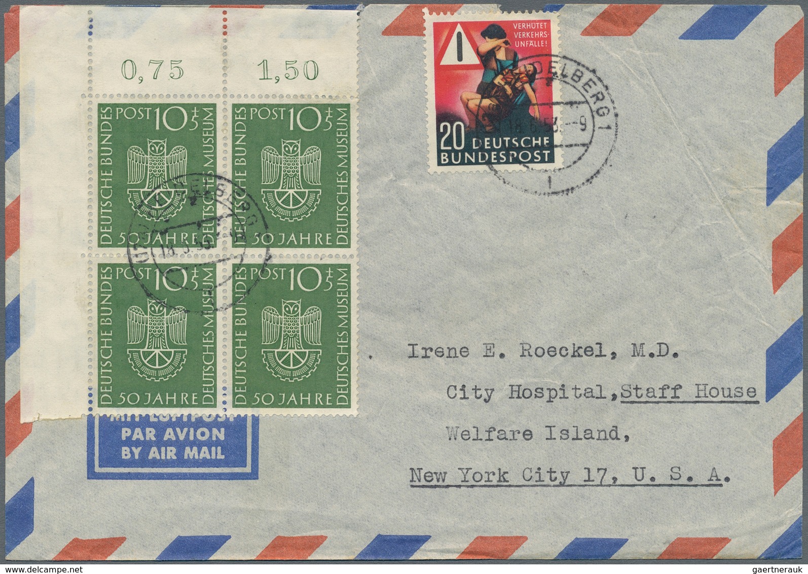 Bundesrepublik Deutschland: 1953, Luftpostbrief Ab HEIDELBERG Frankiert Mit 10+5 Pfg. Deutsches Muse - Covers & Documents