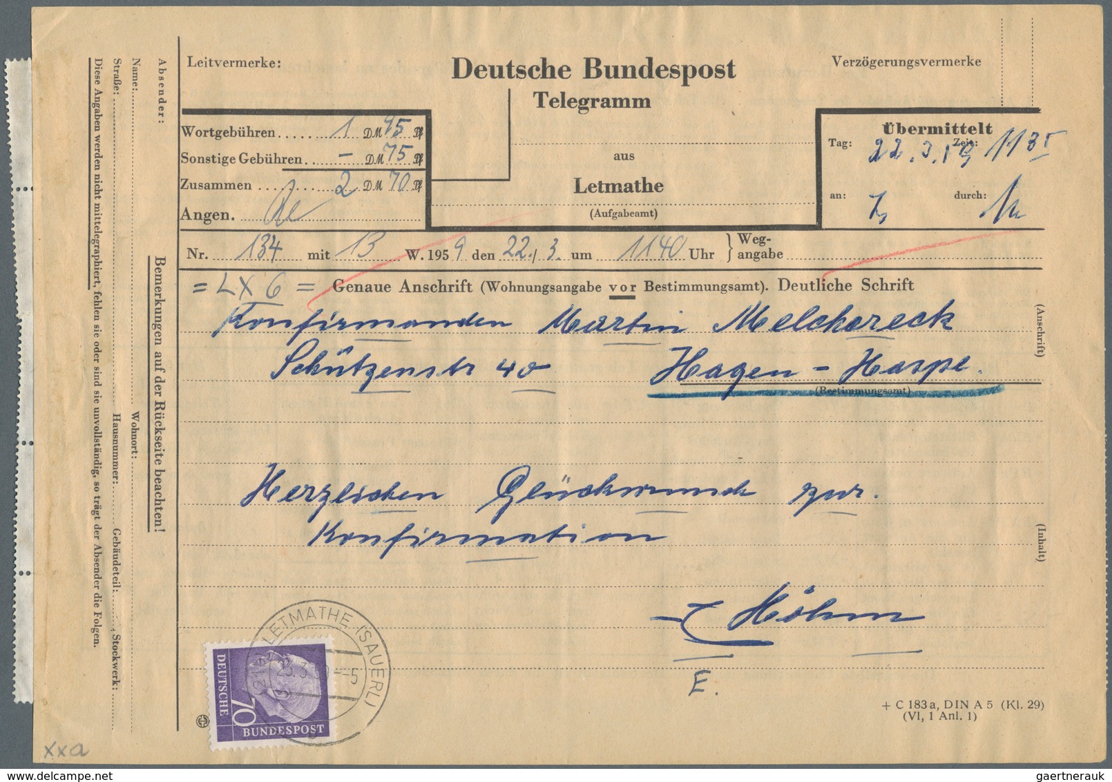 Bundesrepublik Deutschland: 1959. Telegramm Aus Letmathe (23.3.59) Mit Rs. 50er-Block 4 Pf Heuss I, - Covers & Documents