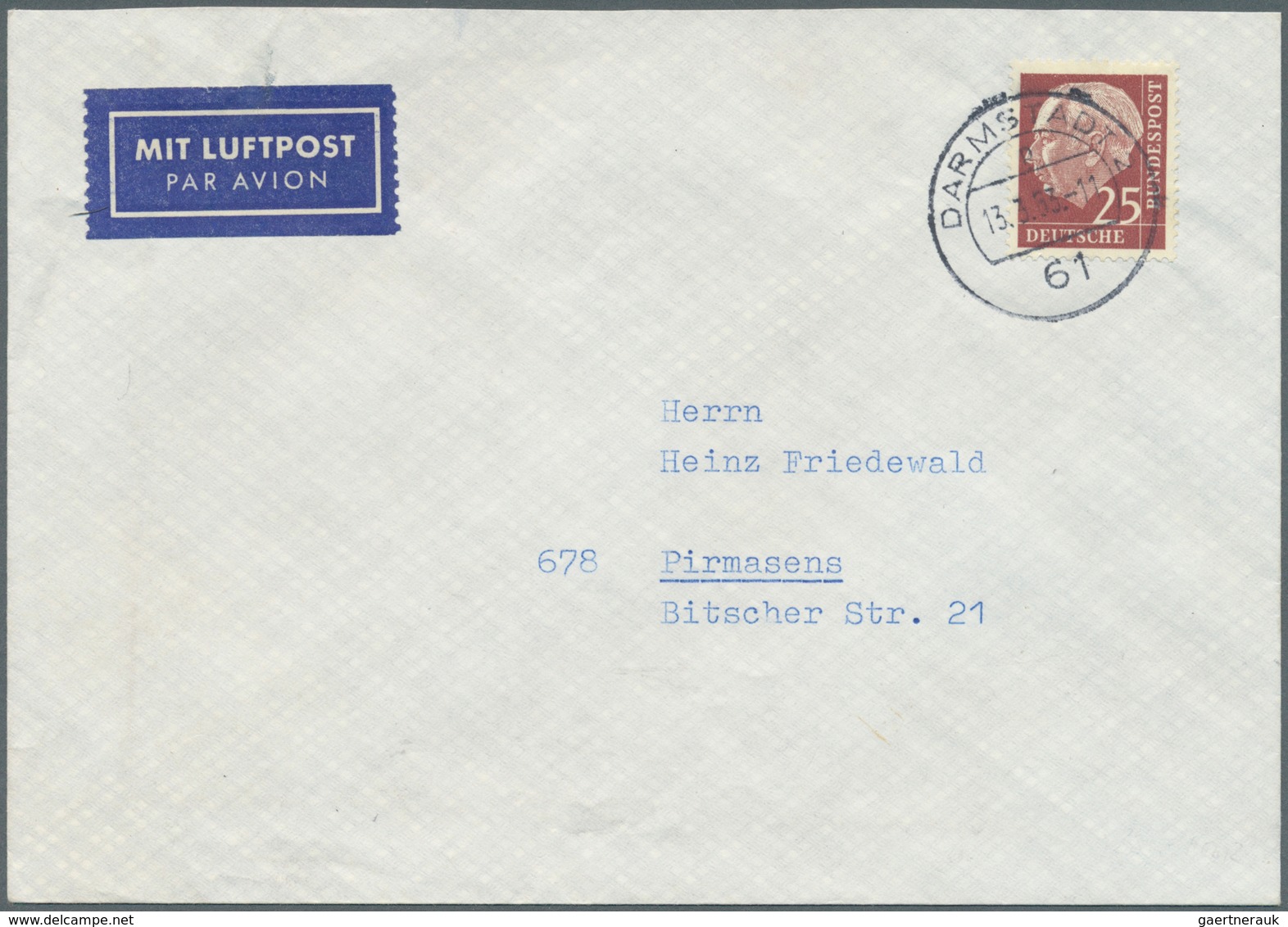 Bundesrepublik Deutschland: 1961/63, Heuss Lumogen, Kpl. Serie Auf 5 Portogerechten Briefen Aus Darm - Briefe U. Dokumente