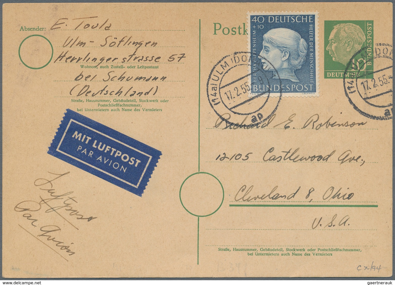 Bundesrepublik Deutschland: 1955, 10 Pfg. Heuss Ganzsachenkarte Mit 40 Pfg. Wohlfahrt 1954 Als Zusat - Lettres & Documents