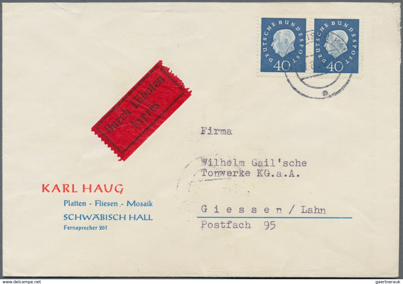 Bundesrepublik Deutschland: 1956/1959, 40 Pf Heuss Medaillon, Waager. Paar, Portogerecht Auf Eilbote - Covers & Documents
