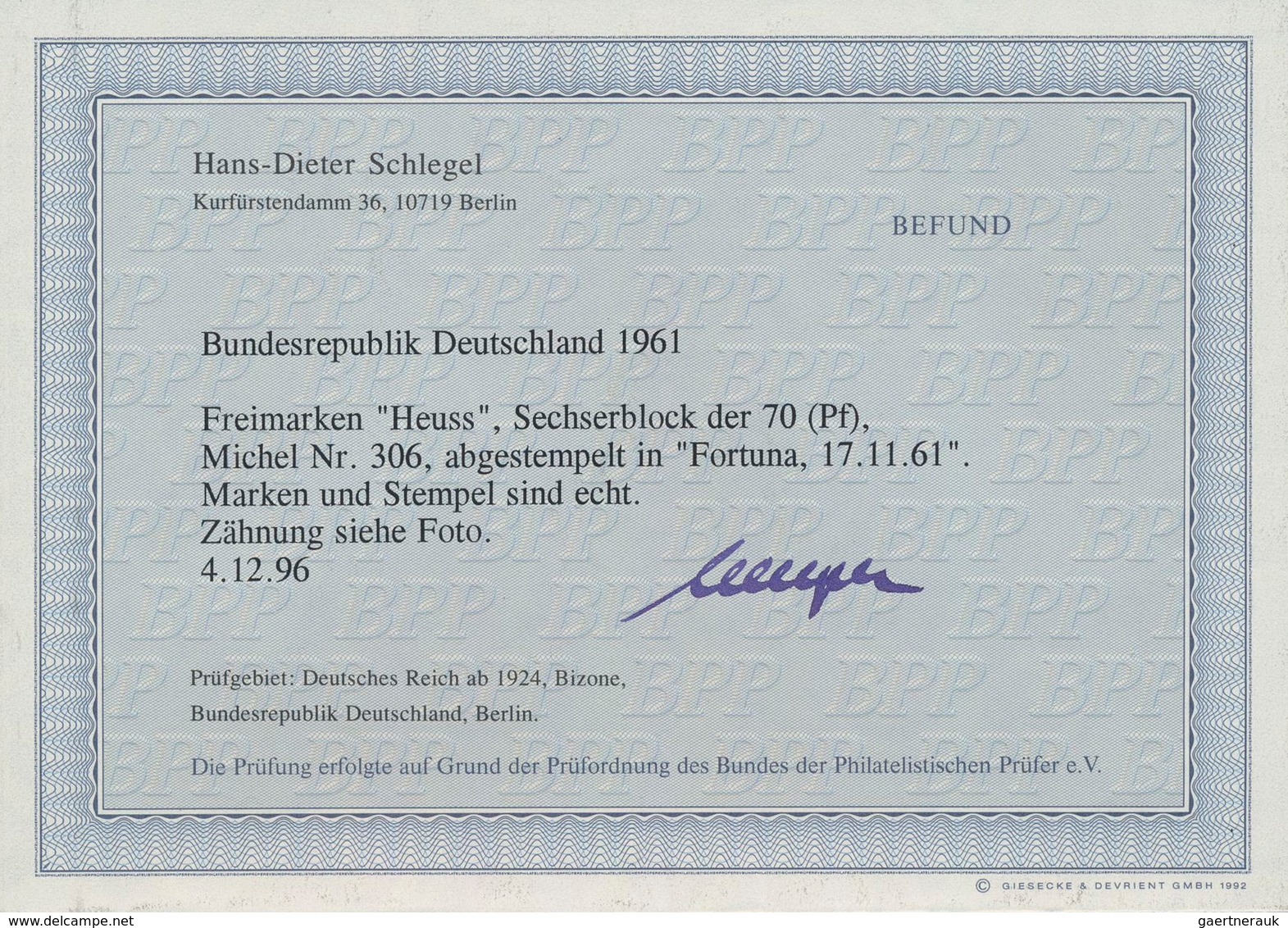 Bundesrepublik Deutschland: 1959, Heuss 70 (Pfg.), Gestempelter Sechserblock, Gestempelt "FORTUNA 17 - Lettres & Documents