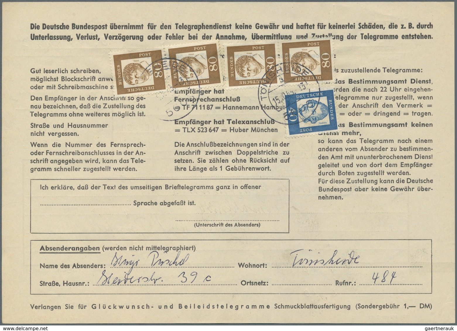 Bundesrepublik Deutschland: 1963. Telegramm Aus Tönisheide Mit 2x Senkr. Paar 80 Pf Kleist Und 40 Pf - Covers & Documents