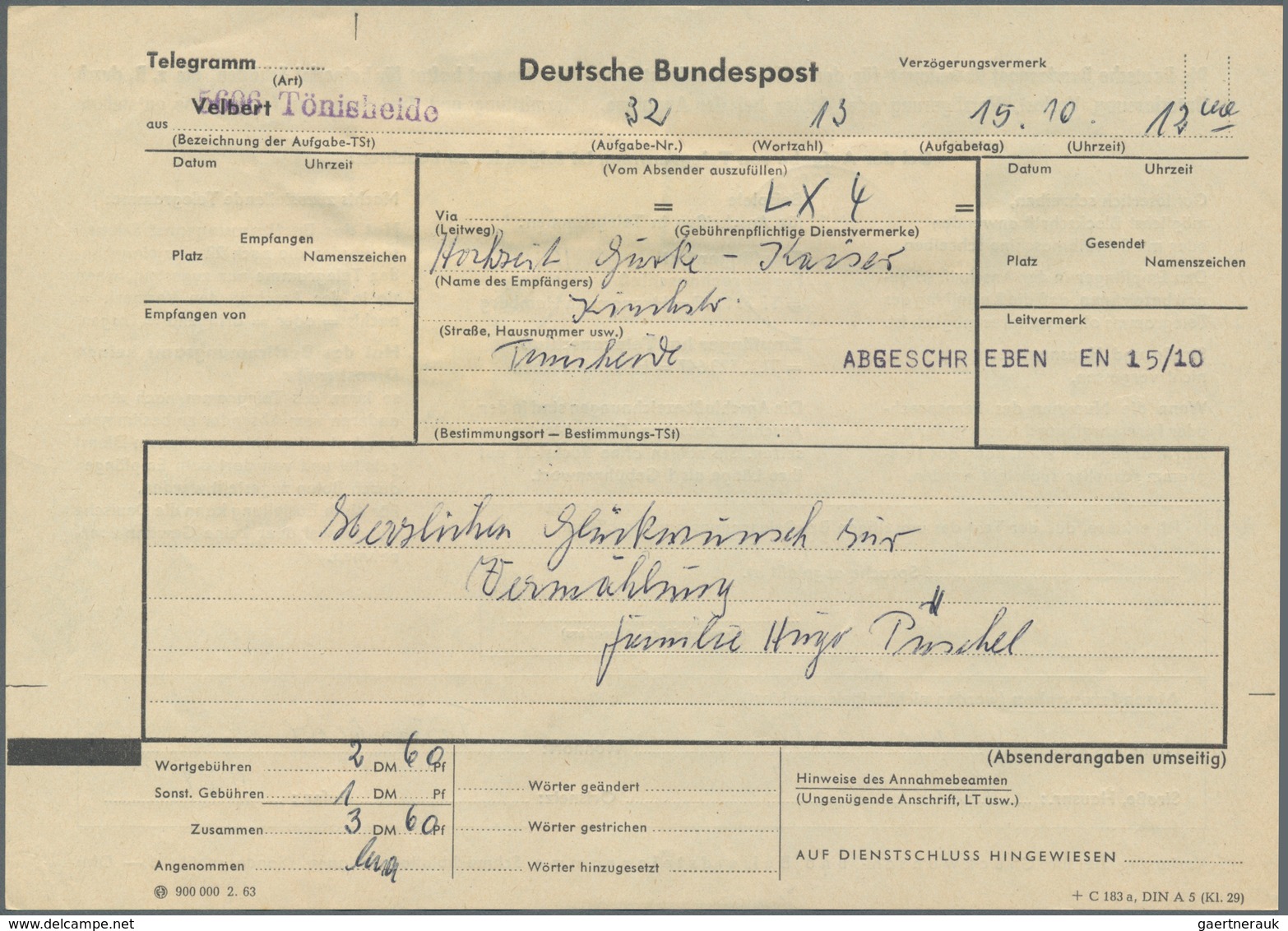 Bundesrepublik Deutschland: 1963. Telegramm Aus Tönisheide Mit 2x Senkr. Paar 80 Pf Kleist Und 40 Pf - Covers & Documents