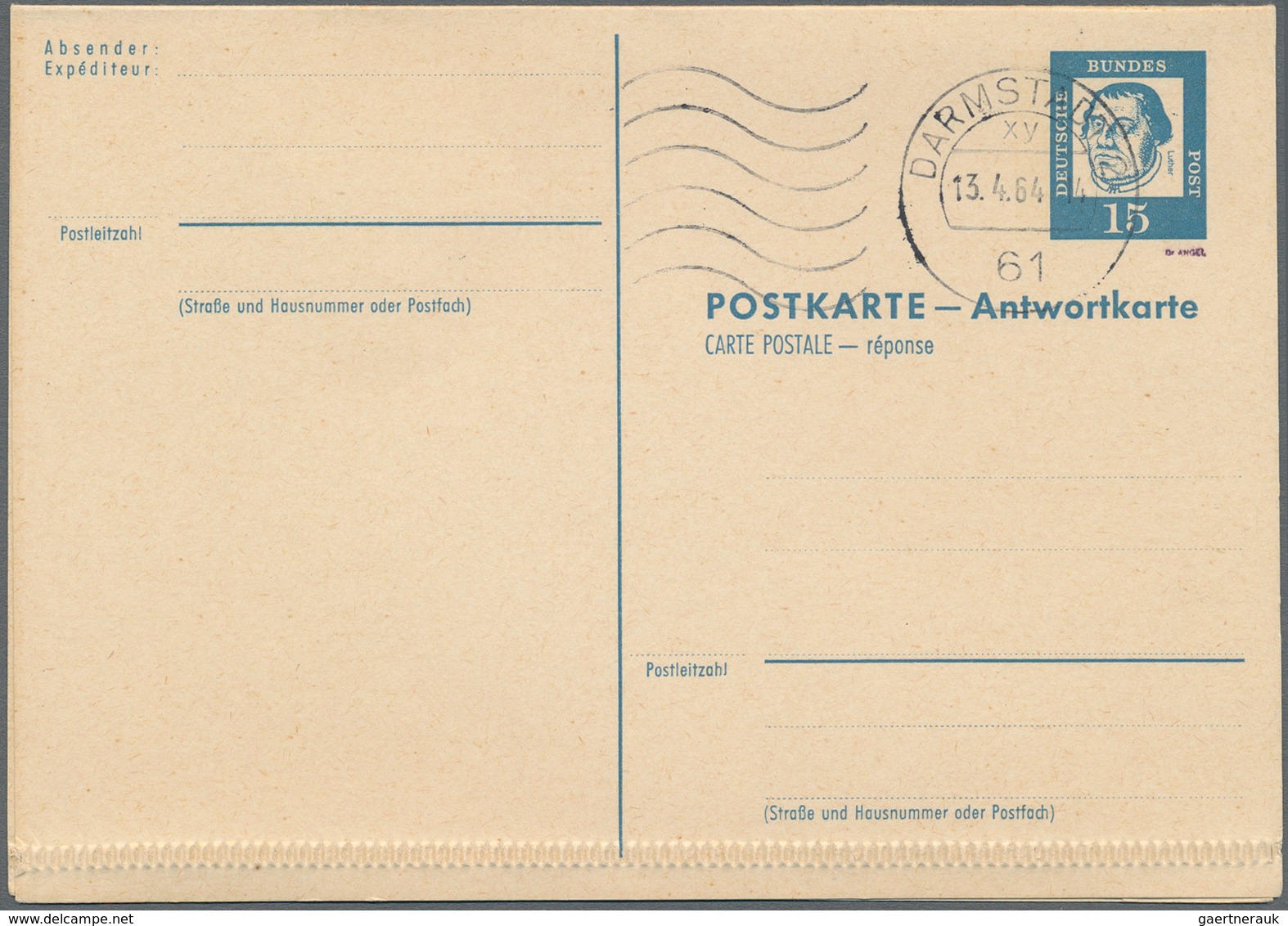 Bundesrepublik Deutschland: 1964. Doppelkarte 15+15 Pf Luther Als Versuchsmuster Mit Masch.-Stpl. "D - Covers & Documents