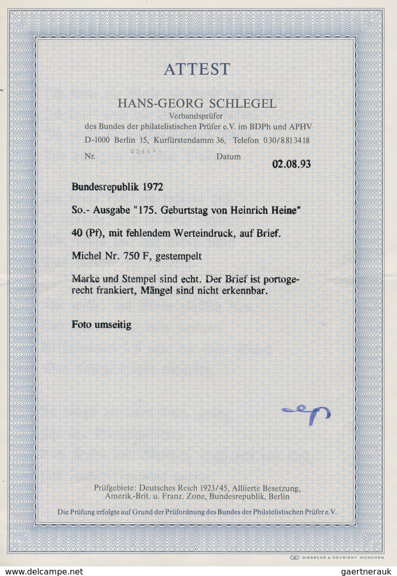 Bundesrepublik Deutschland: 1972, Heinrich Heine, 40 Pf., Farbe Mittelrot (Werteindruck) Fehlend, Ei - Covers & Documents