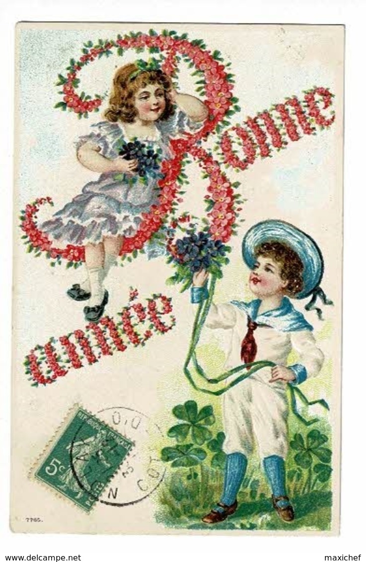 Carte Illustrée Gauffrée - Bonne Année (Enfants, Bouquets De Violettes, Trèfles à 4 Feuilles) Circulé 1907, UPU - Thanksgiving