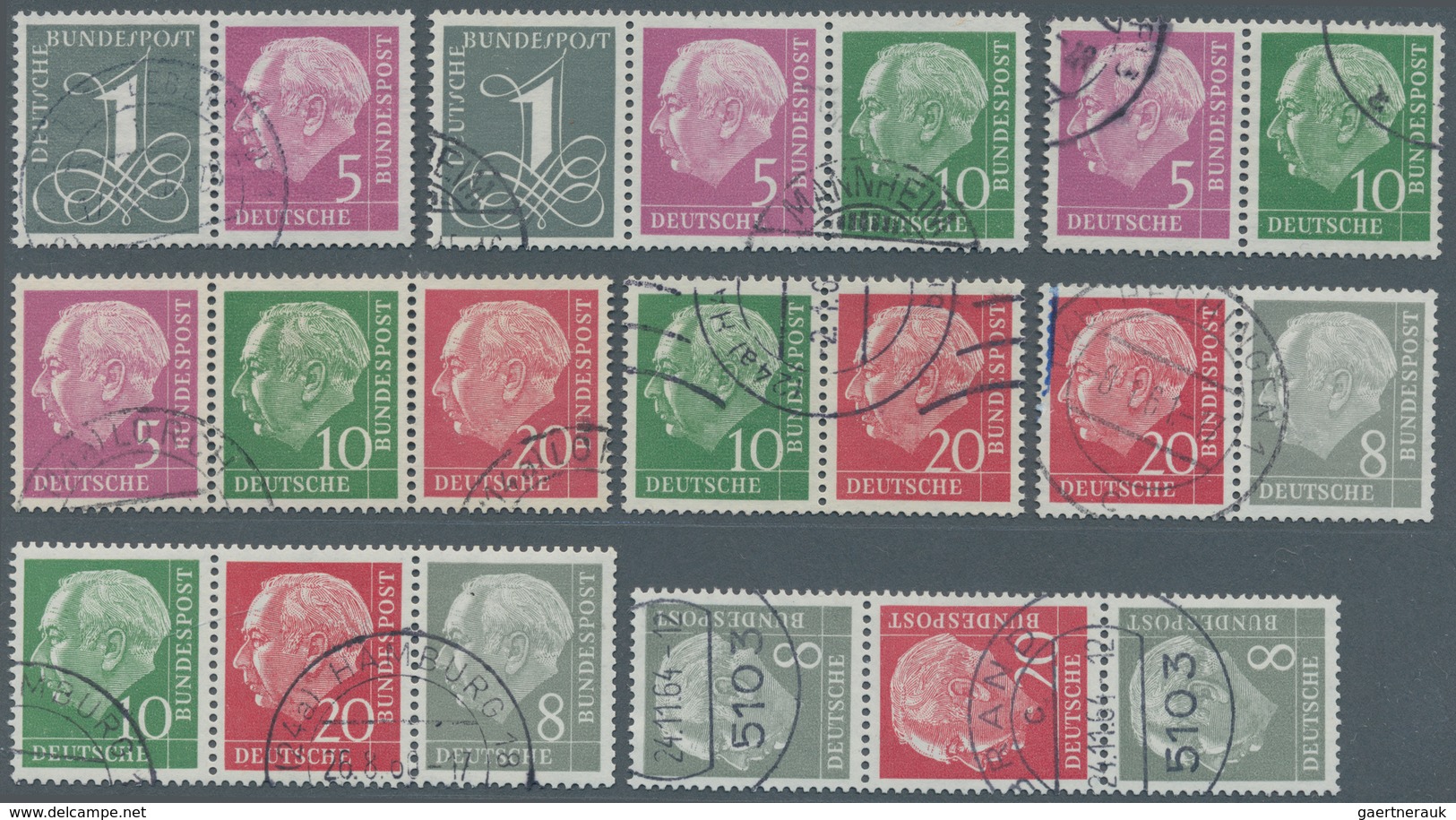 Bundesrepublik - Zusammendrucke: 1958/1960, Heuss Liegendes Wasserzeichen 15 Werte Komplett, Gestemp - Zusammendrucke