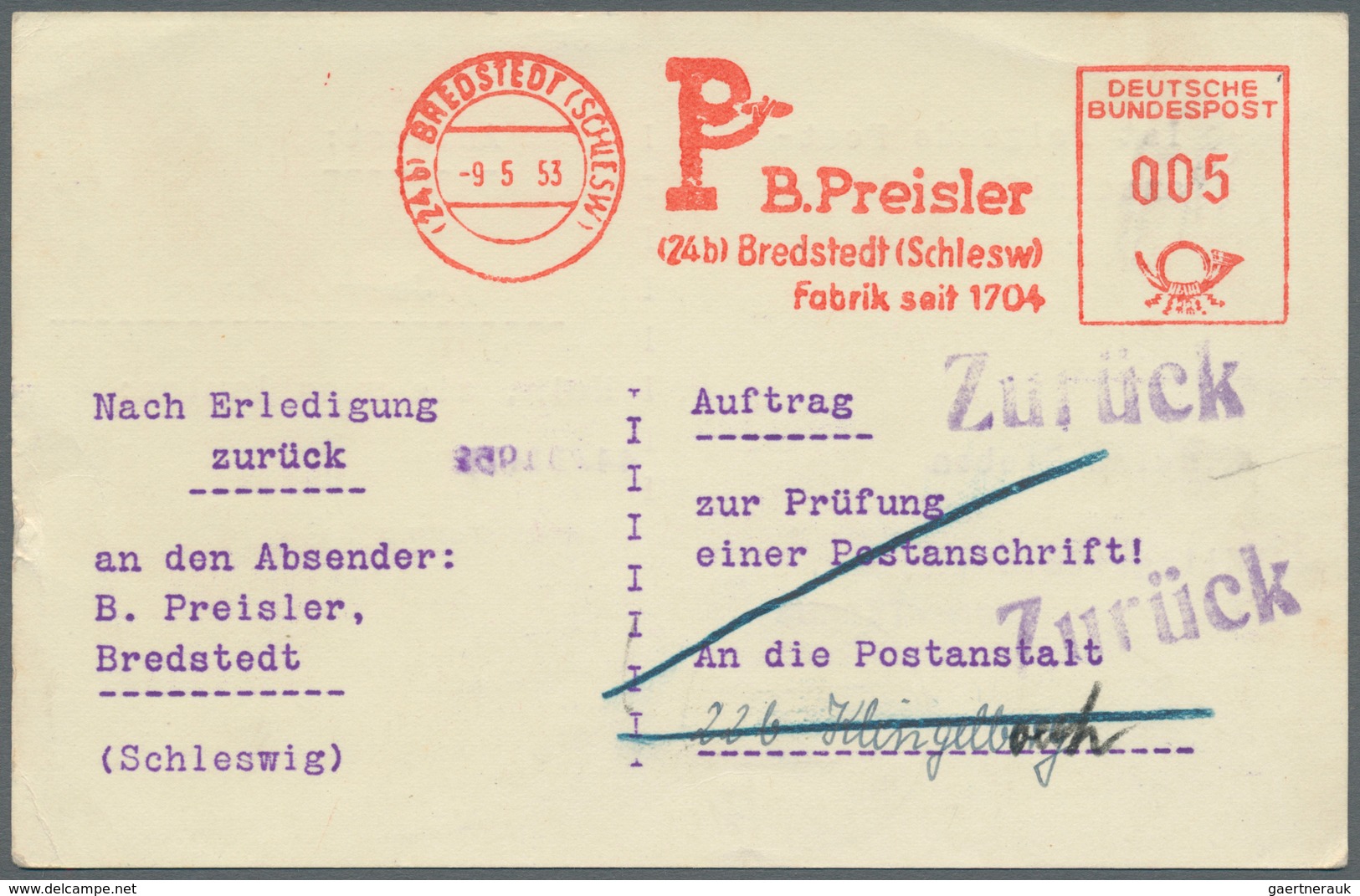 Bundesrepublik - Besonderheiten: 1953, 9.5. (24b) Bredstedt (Schleswig) Roter 5 Pfg. Firmenfreistpl. - Sonstige & Ohne Zuordnung