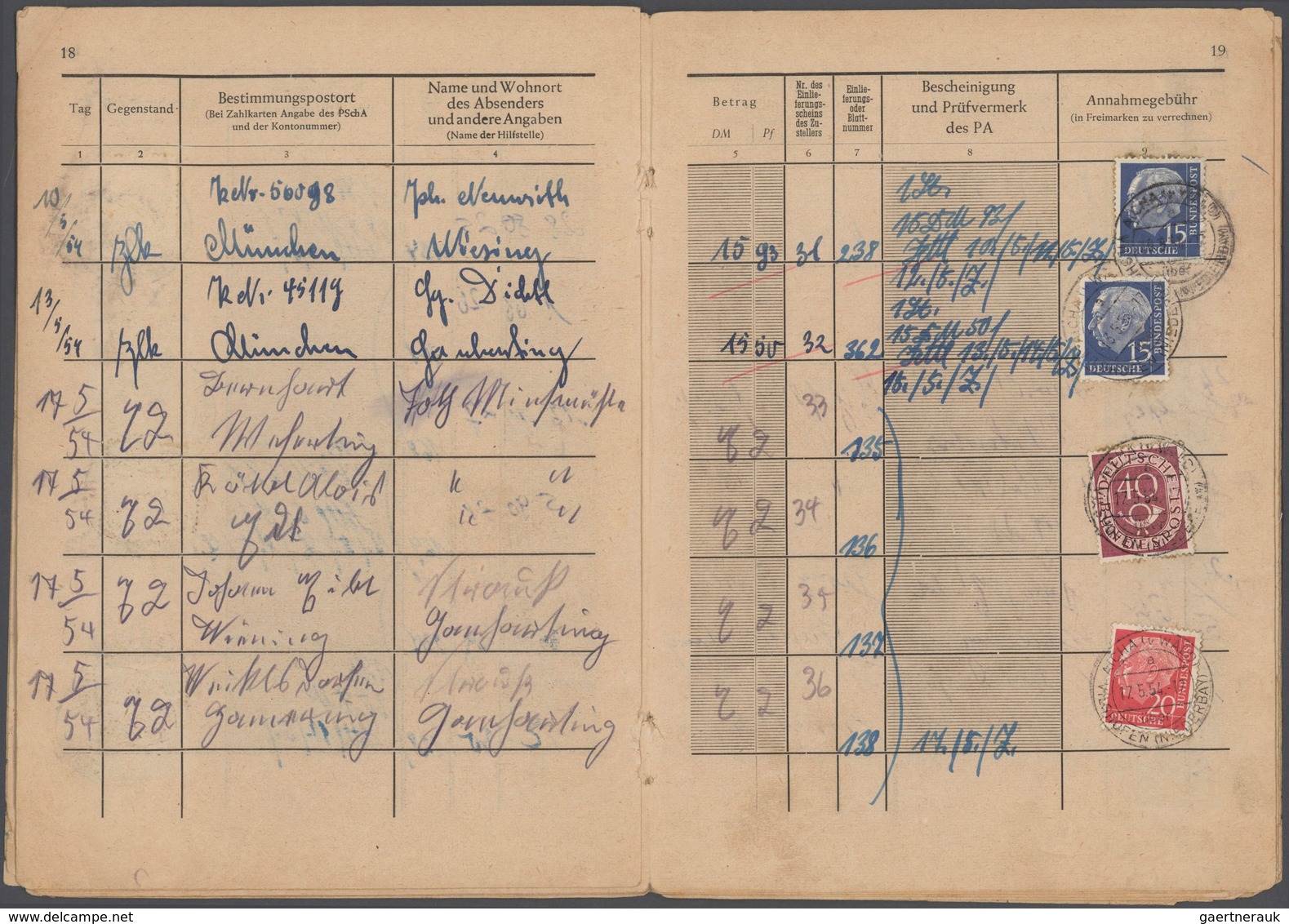 Bundesrepublik - Besonderheiten: 1954, POSTANNAHMEBUCH, Annahmebuch (Land) aus AICHA vorm Wald über