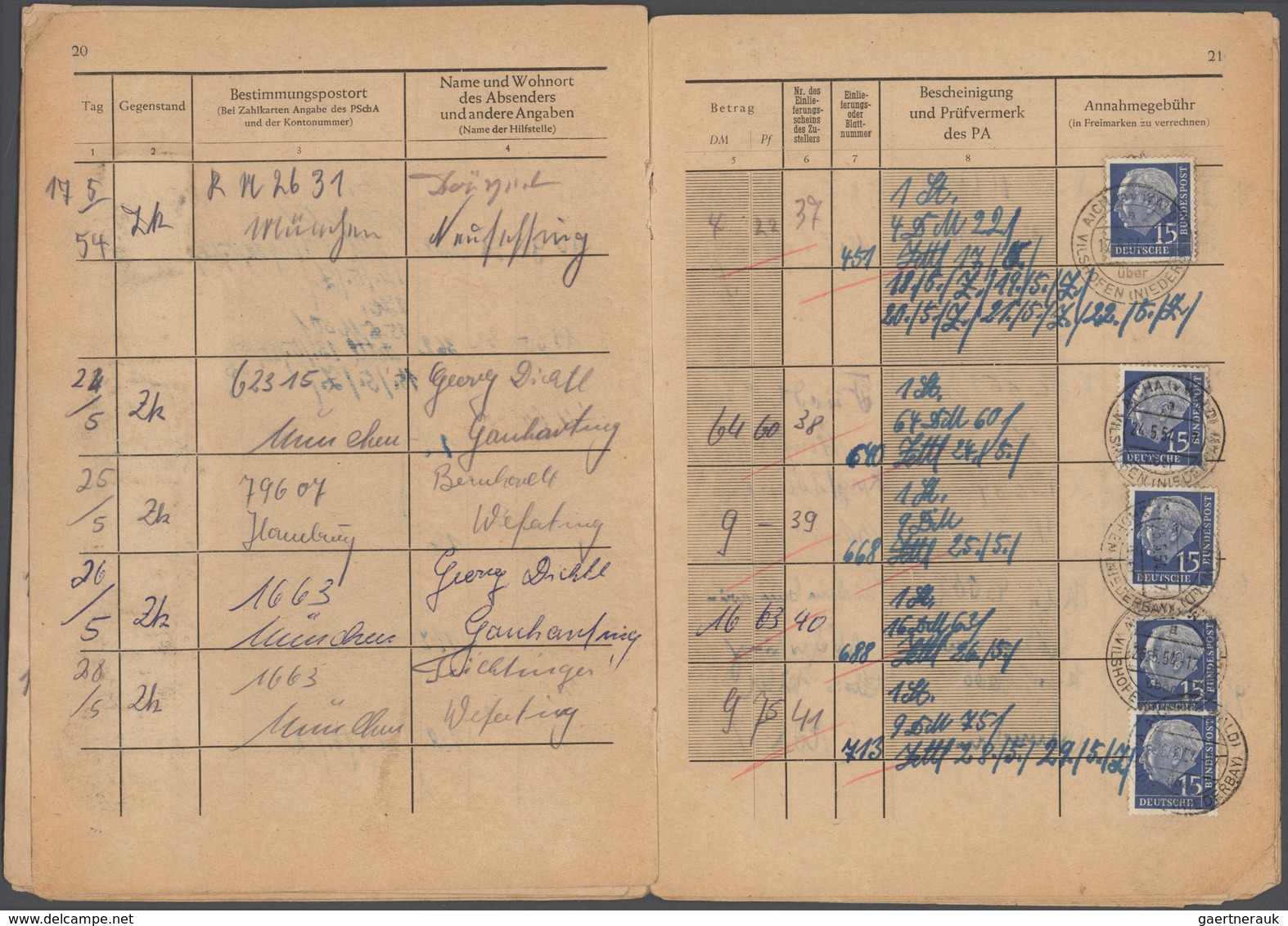 Bundesrepublik - Besonderheiten: 1954, POSTANNAHMEBUCH, Annahmebuch (Land) aus AICHA vorm Wald über