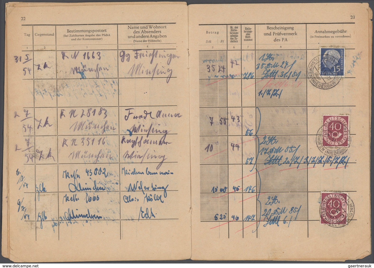 Bundesrepublik - Besonderheiten: 1954, POSTANNAHMEBUCH, Annahmebuch (Land) aus AICHA vorm Wald über