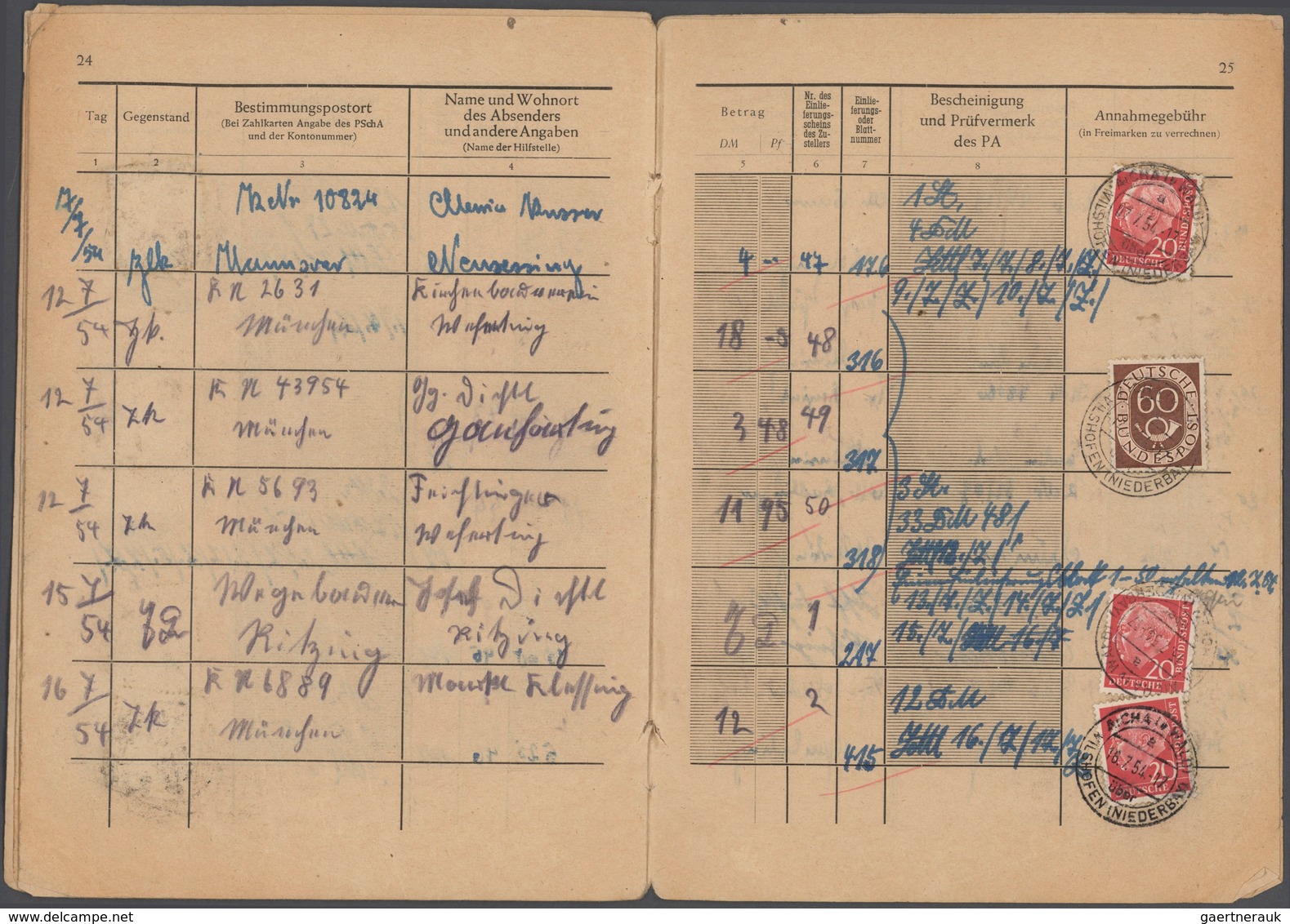 Bundesrepublik - Besonderheiten: 1954, POSTANNAHMEBUCH, Annahmebuch (Land) aus AICHA vorm Wald über