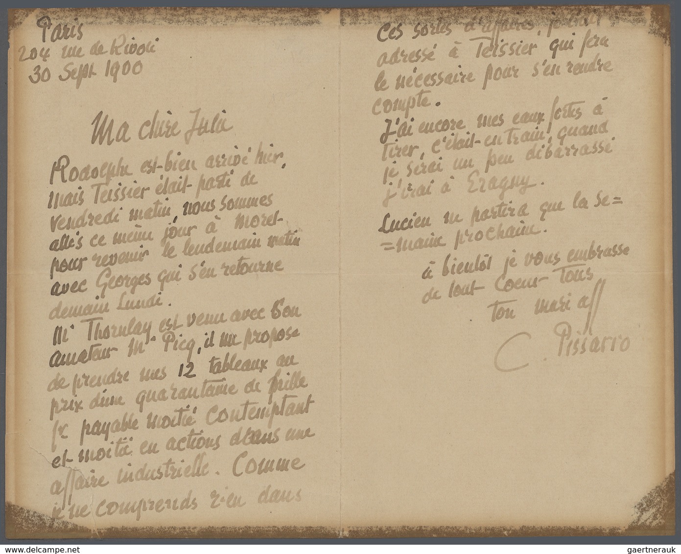 Autographen: PISSARRO, CAMILLE (1830/1903, Painter). Autograph Letter Signed, From Paris, To His Wif - Autres & Non Classés