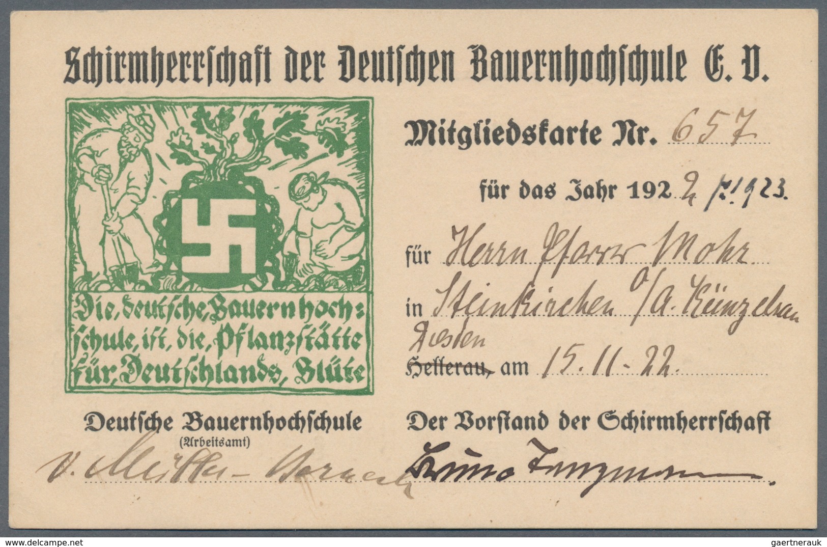 Ansichtskarten: Propaganda: Schirmherrschaft Der Deutschen Bauernhochschule Mitgliedskarte: 1922 Naz - Political Parties & Elections