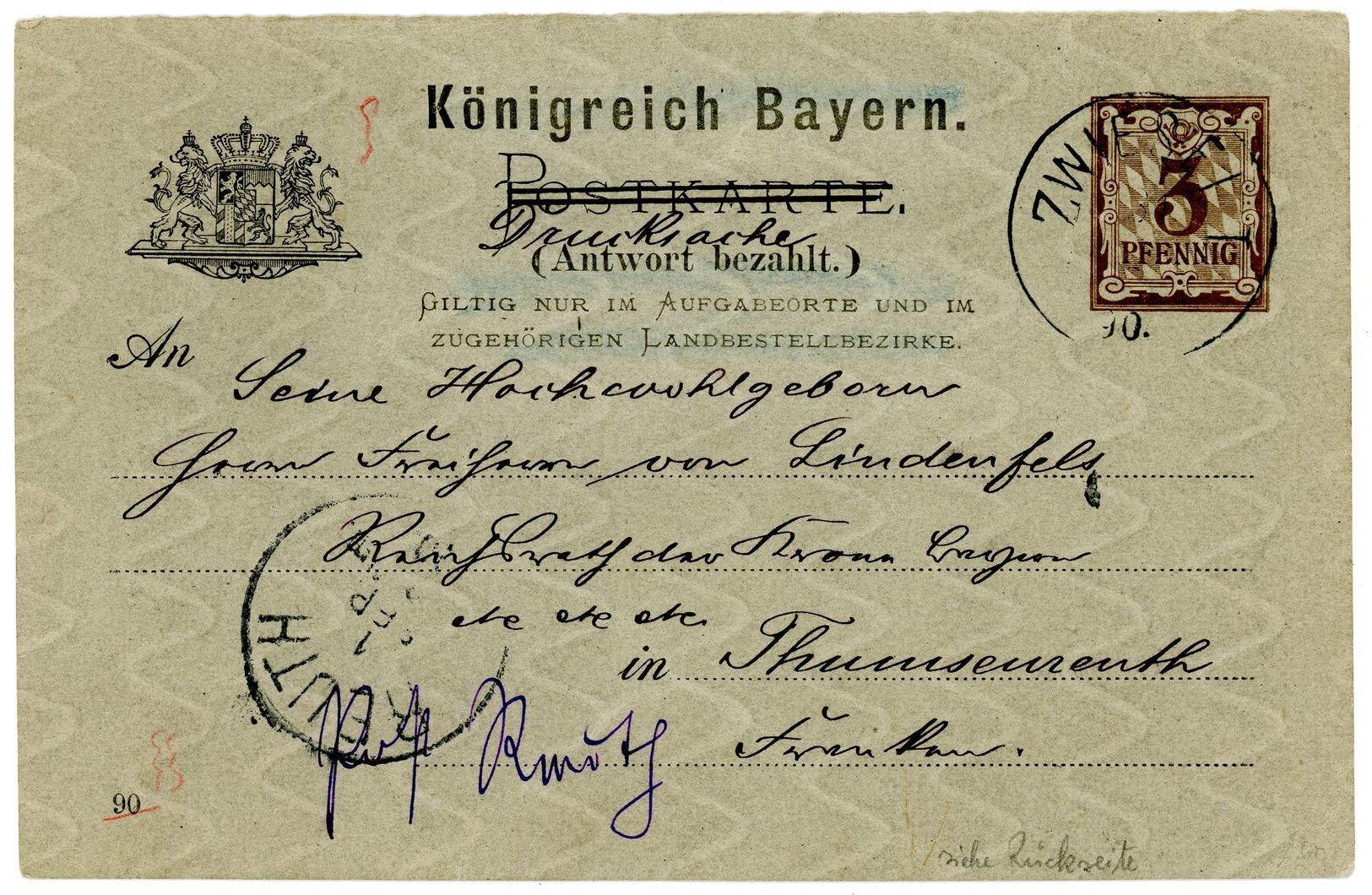 P 39 Antwort Postkarte Vom "Reichrath V. Poschinger" Siehe Text 1890 In Den Landbestellbezirk - Sonstige & Ohne Zuordnung