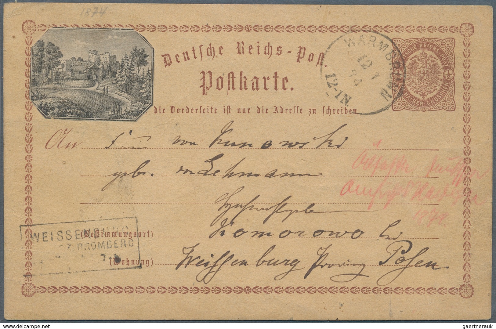 Ansichtskarten: Vorläufer: 1874, Warmbrunn Schlesien, Vorläuferkarte Mit Aufkleber Auf Ganzsache 1/2 - Ohne Zuordnung