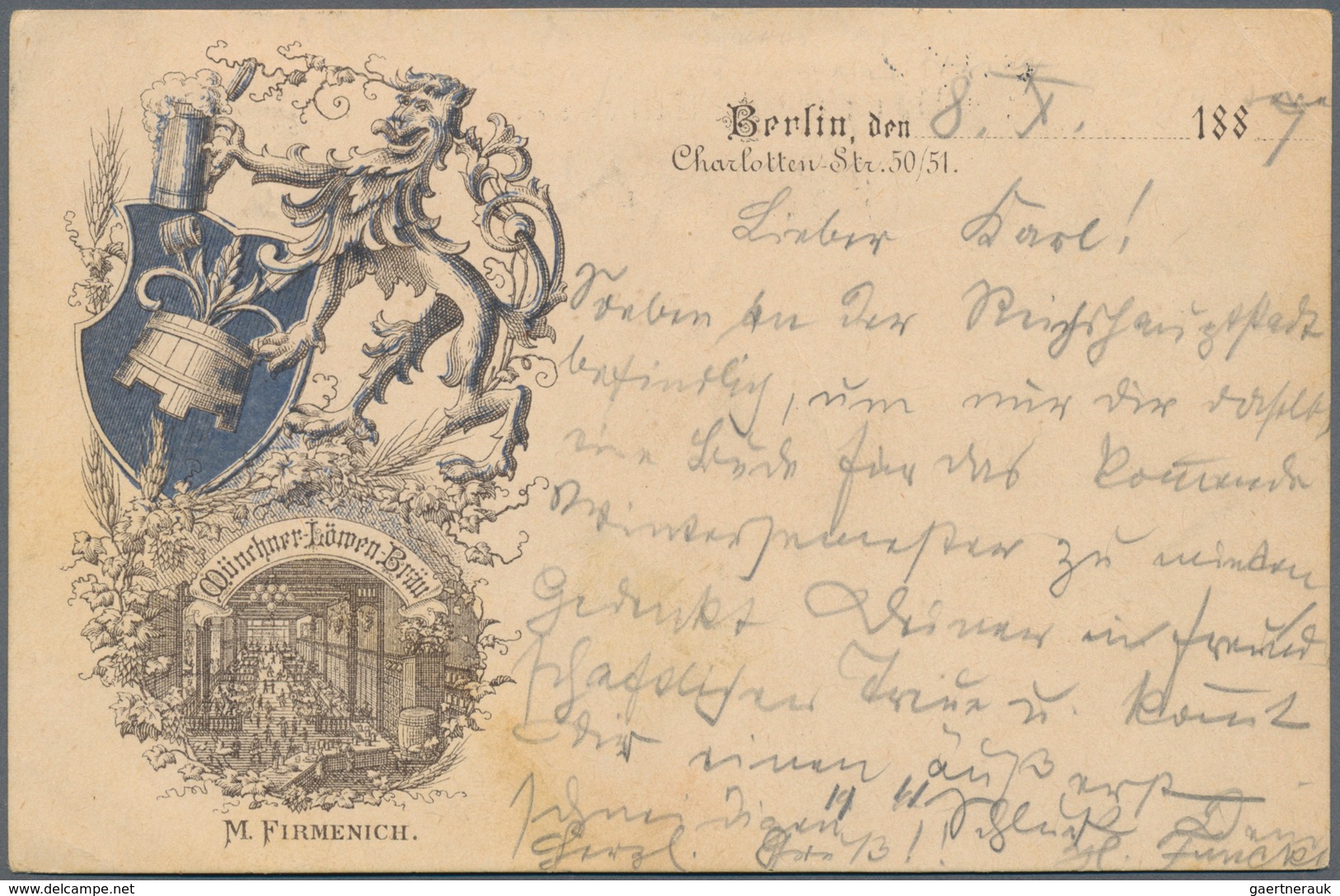 Ansichtskarten: Vorläufer: 1887, BERLIN Münchner Löwen-Bräu M. Firmenich, Vorläuferkarte Mit 5 Pf. L - Unclassified