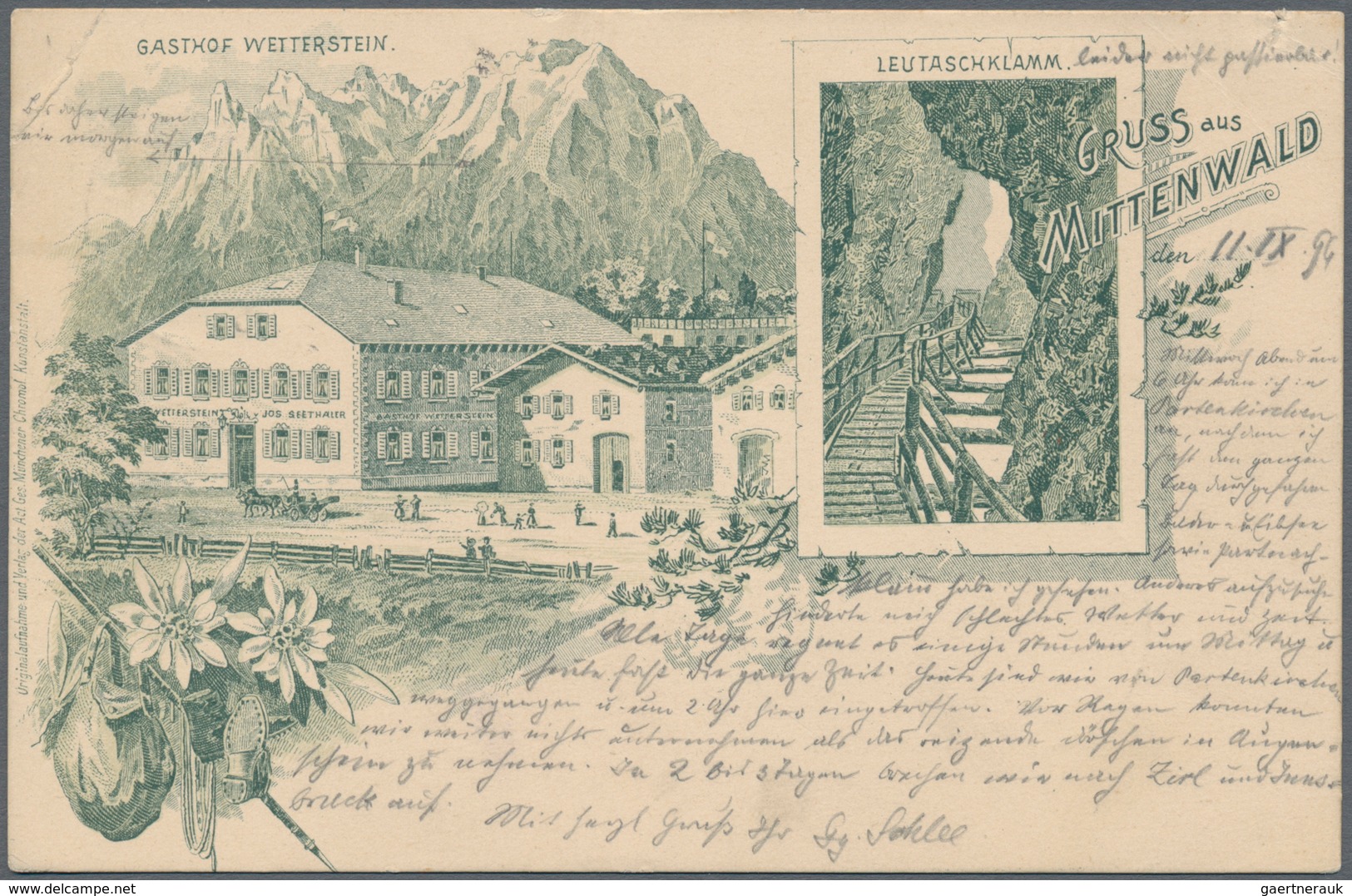 Ansichtskarten: Bayern: MITTENWALD (alte PLZ 8102), Frühe Karte Mit Abbildungen Gasthof Wetterstein - Autres & Non Classés