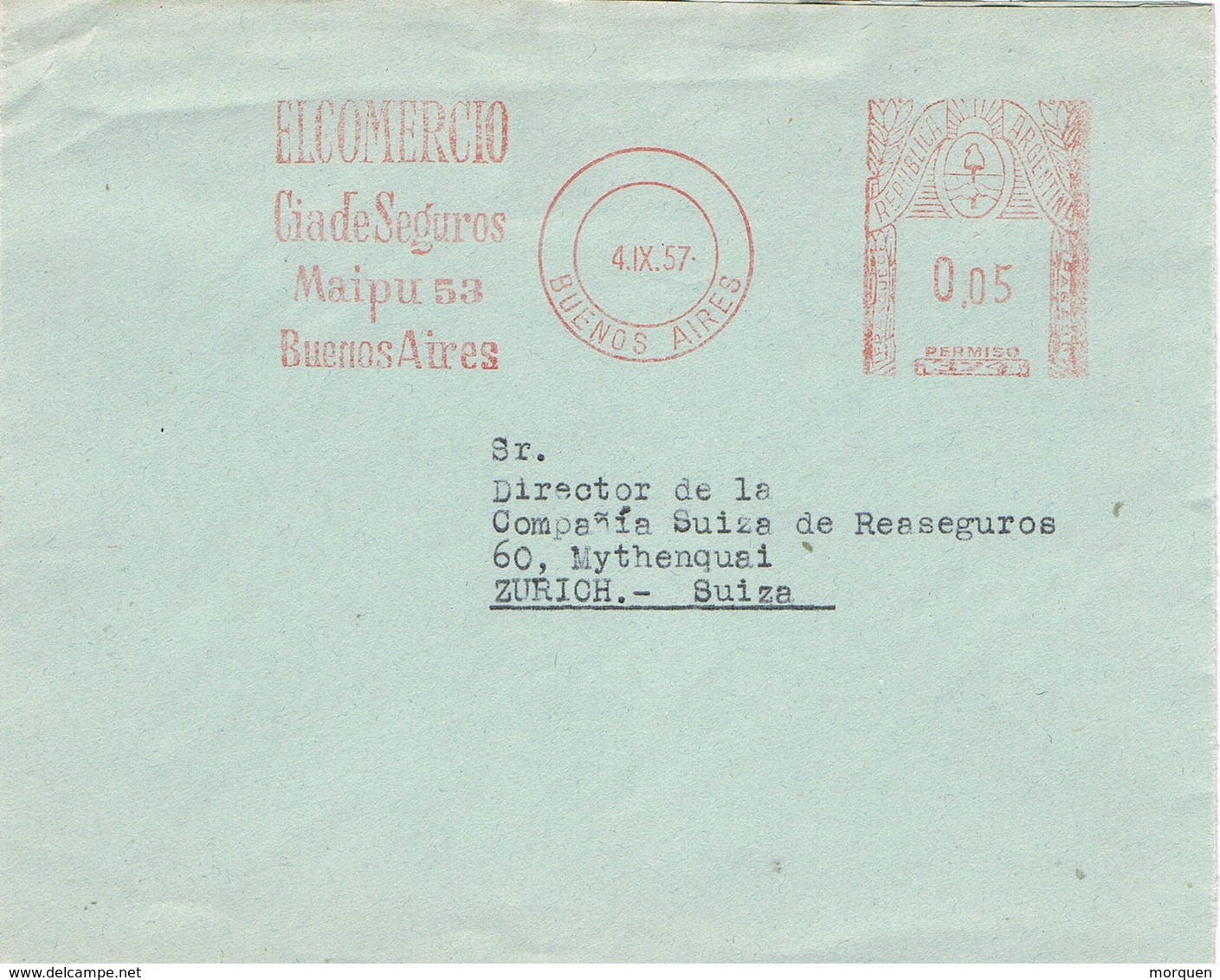 31415. Carta BUENOS AIRES (Argentina) 1957. Franqueo Mecanico EL COMERCIO, Compañia Seguros - Cartas & Documentos