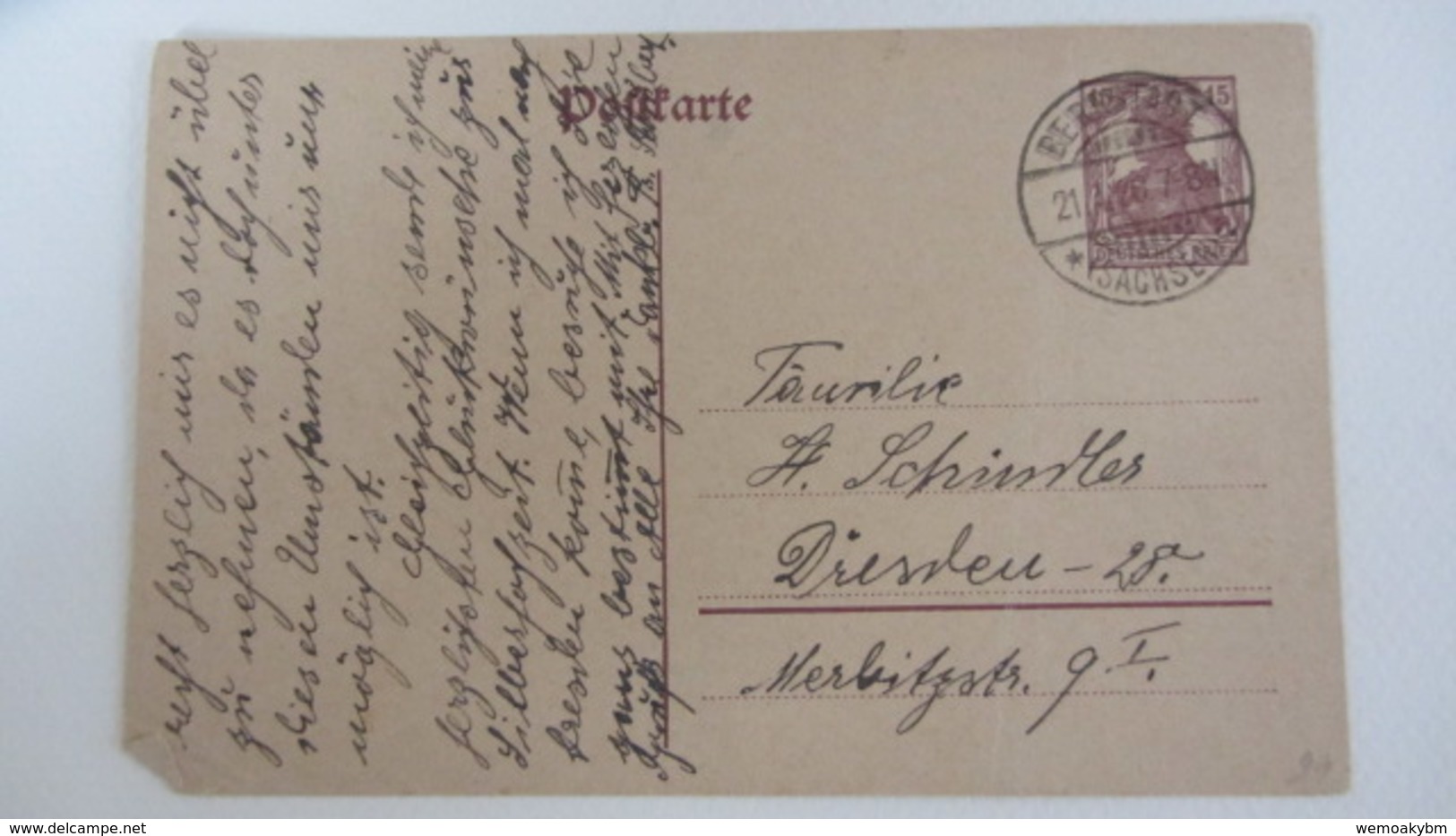 DR: GA Postkarte Mit 15 Pf Germania Stpl. BERNSTADT (SACHSEN) Vom 21.4.20 Knr:  P 116I - Sonstige & Ohne Zuordnung