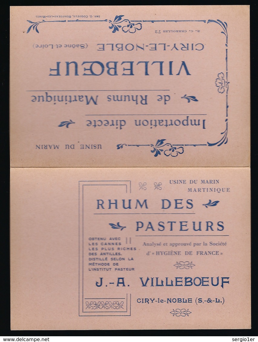 Ancienne Etiquette  Rhum Des Pasteurs Martinique  J A Villeboeuf "Tarif Année 1920" - Rhum