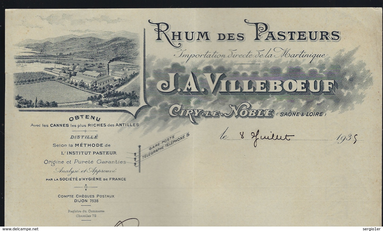 Ancienne Facture  Rhum Des Pasteurs Martinique  J A Villeboeuf  Datée Du 8 Juillet 1935 + Timbres Fiscal - Rhum