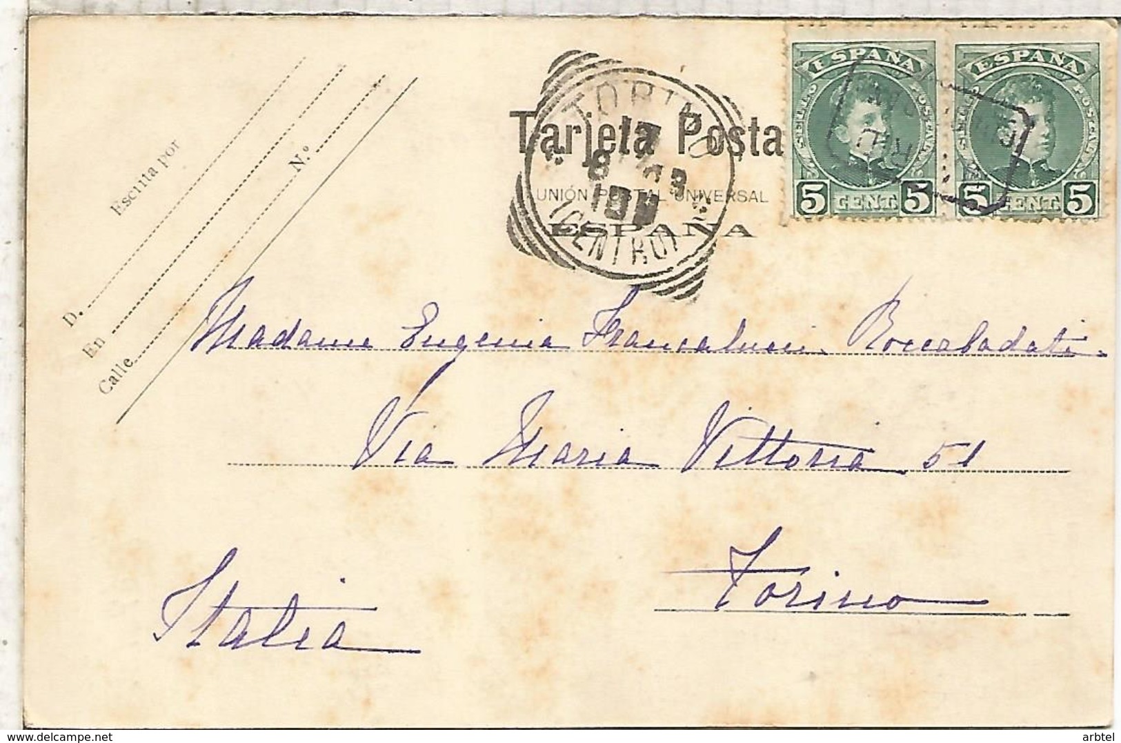 SPAIN MURCIA POSTCARD TO TORINO  GUADARRAMA MADRID CARTERIA POSTMARK 1903 - Cartas & Documentos