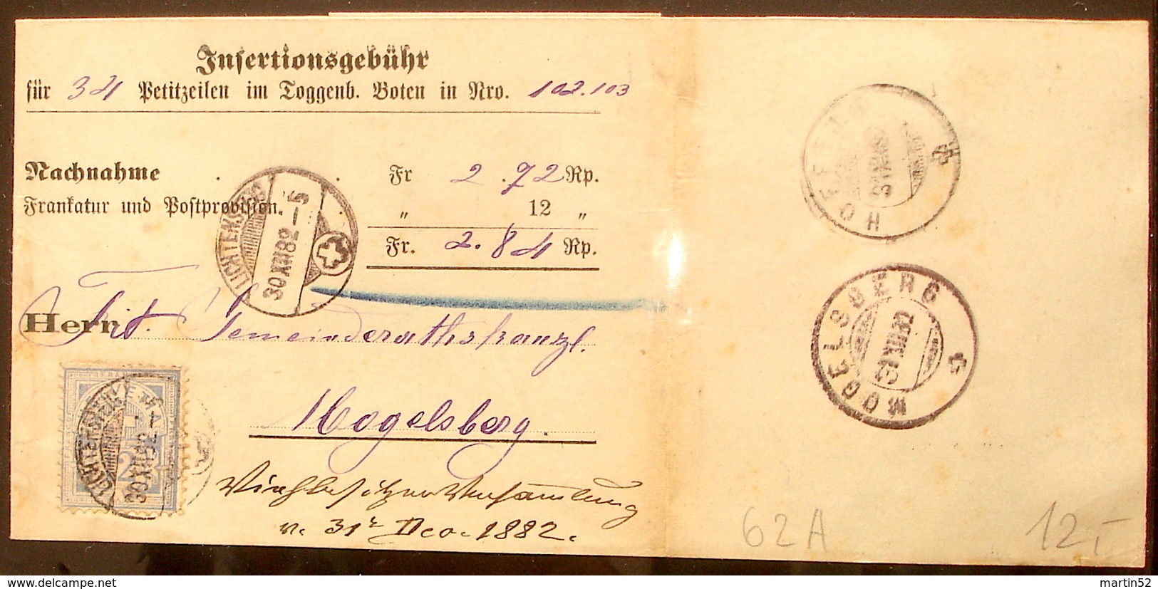 Schweiz Suisse 1882: 12c Blau Zu 62A Mi 55X Yv 67  Mit O LICHTENSTEIG 30.XII.82 Via HOFFELD 31.XII.82 Nach MOGELSBERG - Lettres & Documents