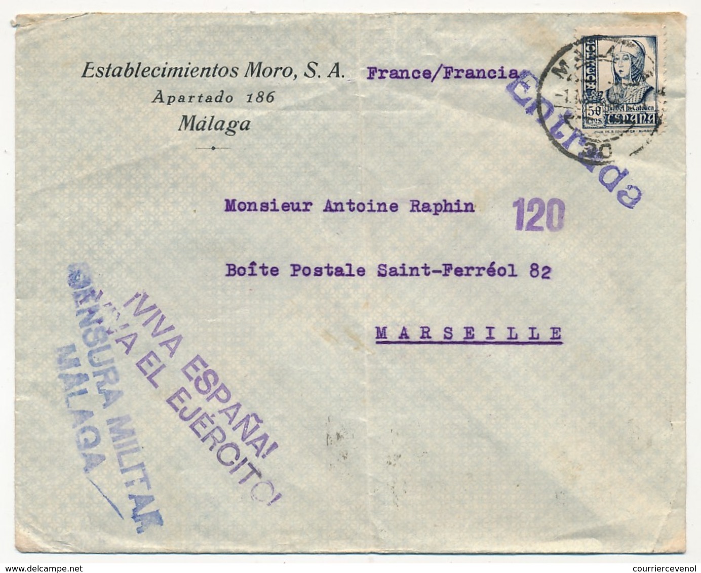 Enveloppe Depuis Magala, 1938 - Griffe "ENTRADA" + "Viva Espana Viva El Ejercito" + Censura Militar Malaga" + Vignette - Covers & Documents