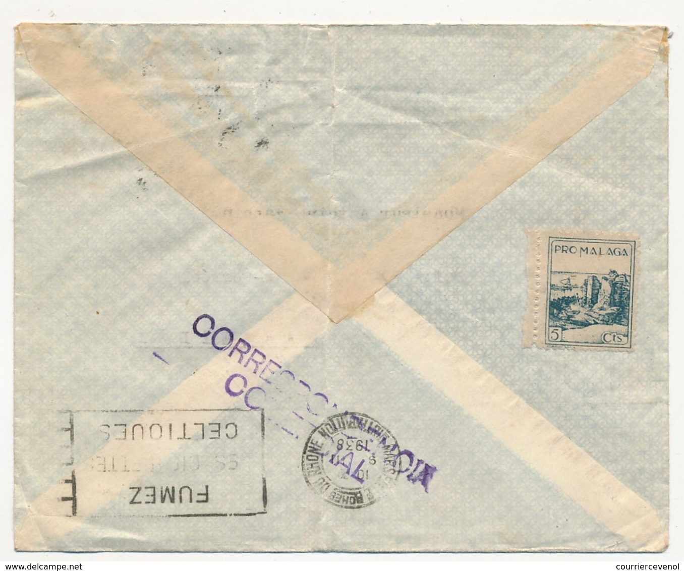 Enveloppe Depuis Magala, 1938 - Griffe "ENTRADA" + "Viva Espana Viva El Ejercito" + Censura Militar Malaga" + Vignette - Briefe U. Dokumente