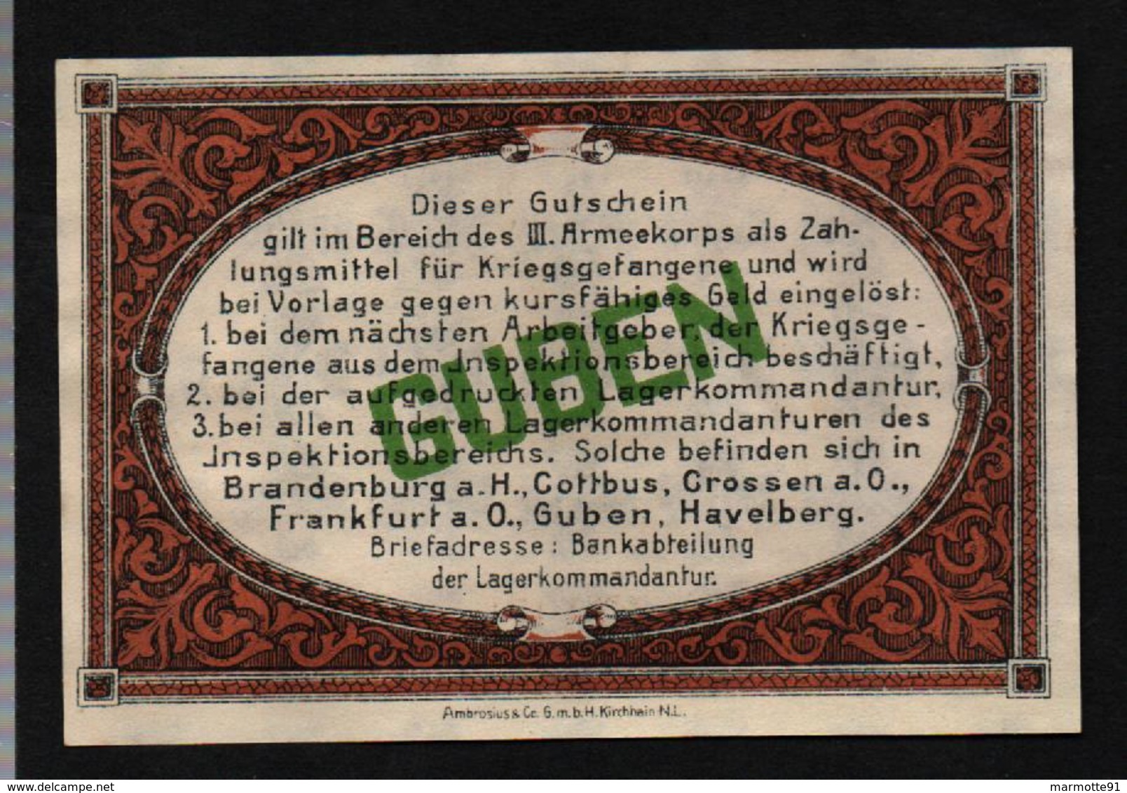 GEFANGENENLAGER GELD LAGERGELD BILLET CAMP GUBEN PRISONNIER ALLEMAGNE KG POW GUERRE 1914 1918 - Other & Unclassified