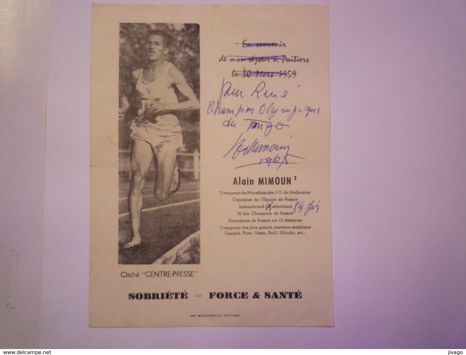 2019  (258)  Alain  MIMOUN  :  AUTOGRAPHE Sur DOC  "Pour René Champion Olympique Du Tango"   1965  X - Athlétisme