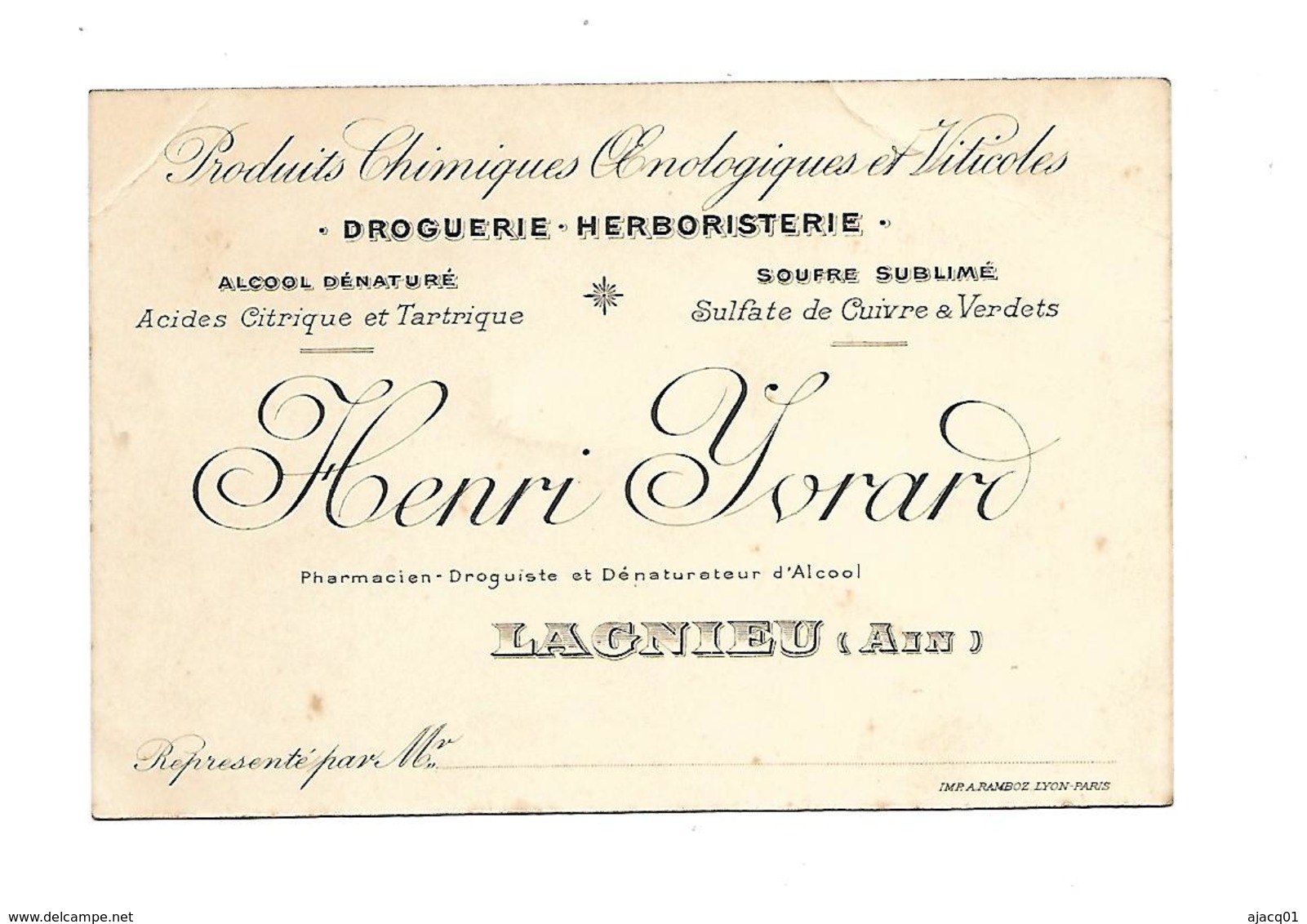 01 Lagnieu Carte Publicitaire  Droguerie Herboristerie   Henri Yvrard Lagnieu    1911 - Visitenkarten