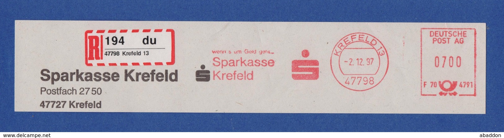 BRD AFS - Krefeld, Wenn`s Um Geld Geht ... Sparkasse 1997 + R-Zettel - Maschinenstempel (EMA)