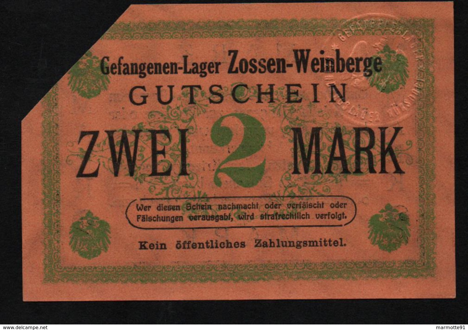 GEFANGENENLAGER GELD LAGERGELD BILLET CAMP ZOSSEN WEINBERGE PRISONNIER ALLEMAGNE KG POW GUERRE 1914 1918 - Andere & Zonder Classificatie