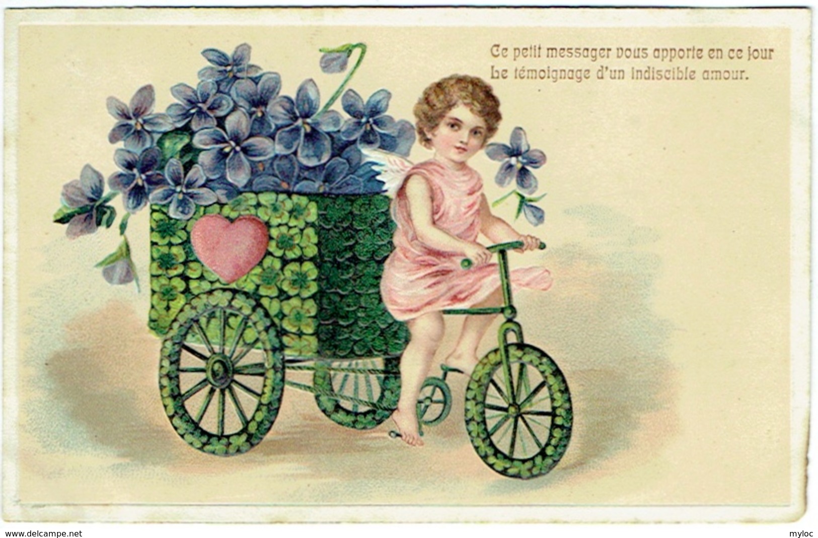 Illustrateur. Carte Gaufrée. Ange En Tricycle. Fleurs. Coeur. Messager D'Amour. - Anges