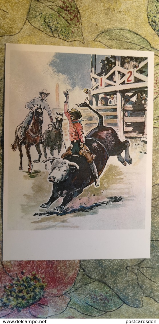 Regional Game,OLD USSR Postcard  - Rodeo -  1981 - Bull - Juegos