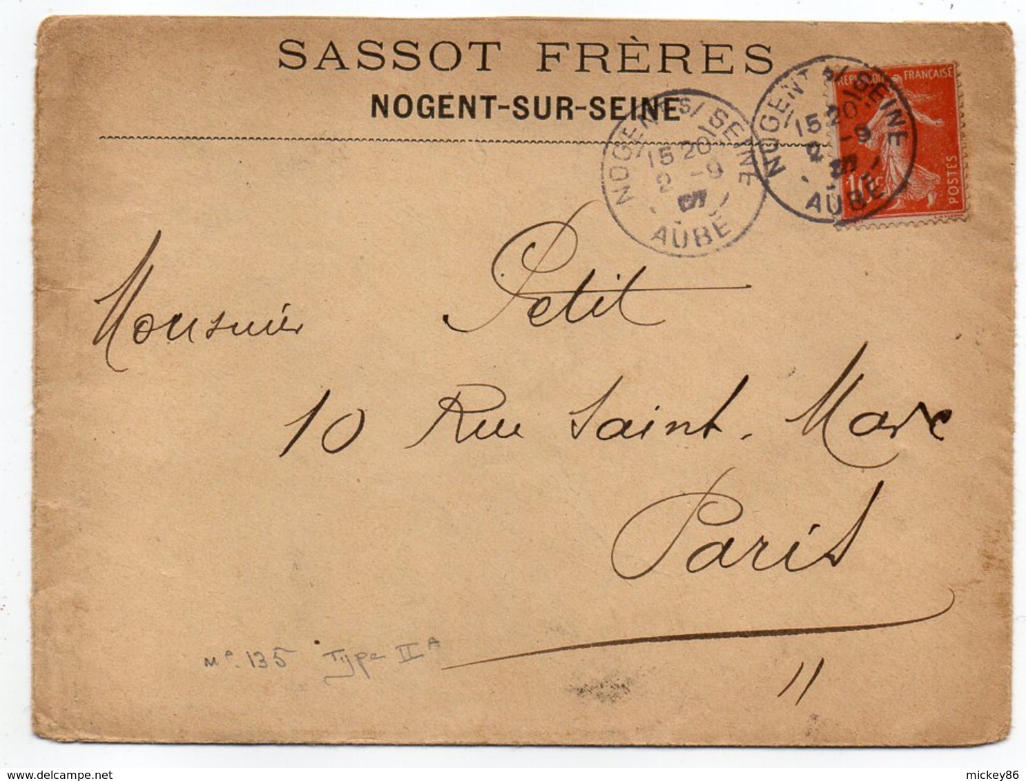 1907-- Lettre De NOGENT-10  Pour PARIS-75--cachet --type Semeuse - 1877-1920: Periodo Semi Moderno