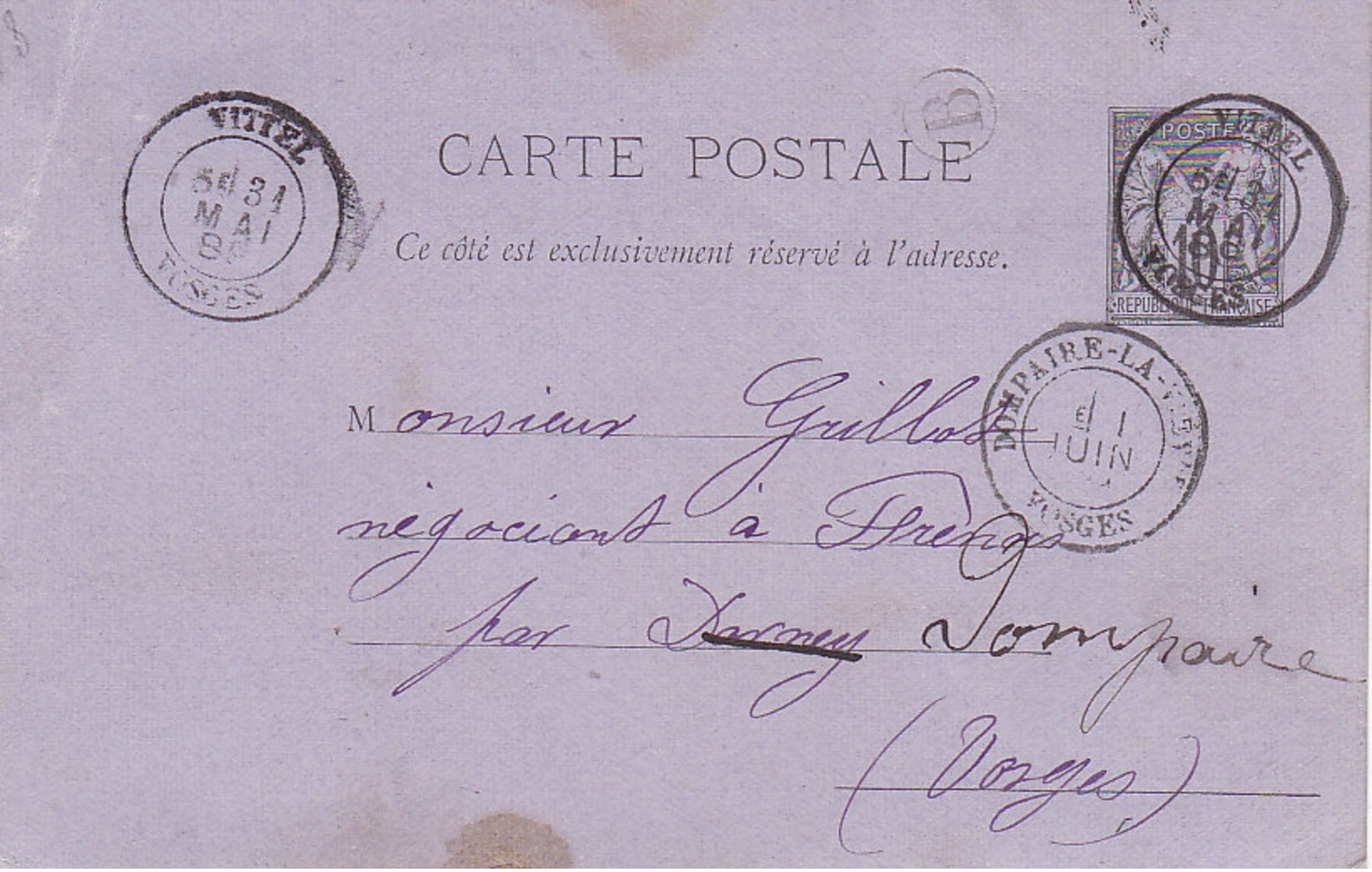 Vittel , Vosges ,boite Rurale B De Haréville Sur Entier Postal De 1888 - Cachets Manuels