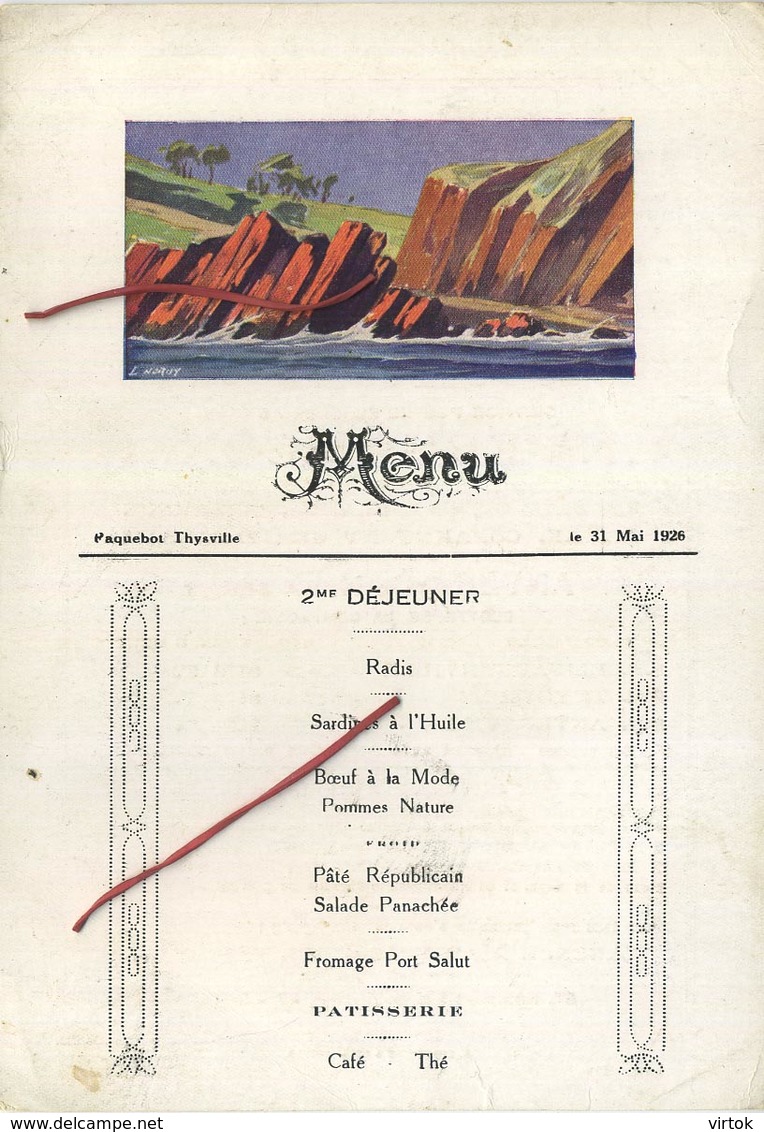 Anvers-Congo   : Menu Du Paquetbot THYSVILLE  1926  ( See Detail )  Congo Maritime ) - Menus