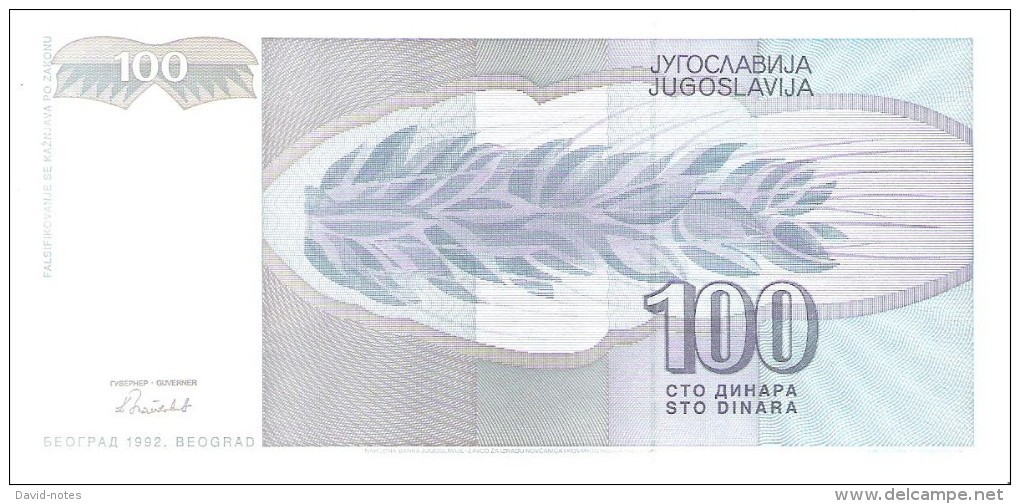 Yugoslavia - Pick 112 - 100 Dinara 1992 - Unc - Yougoslavie