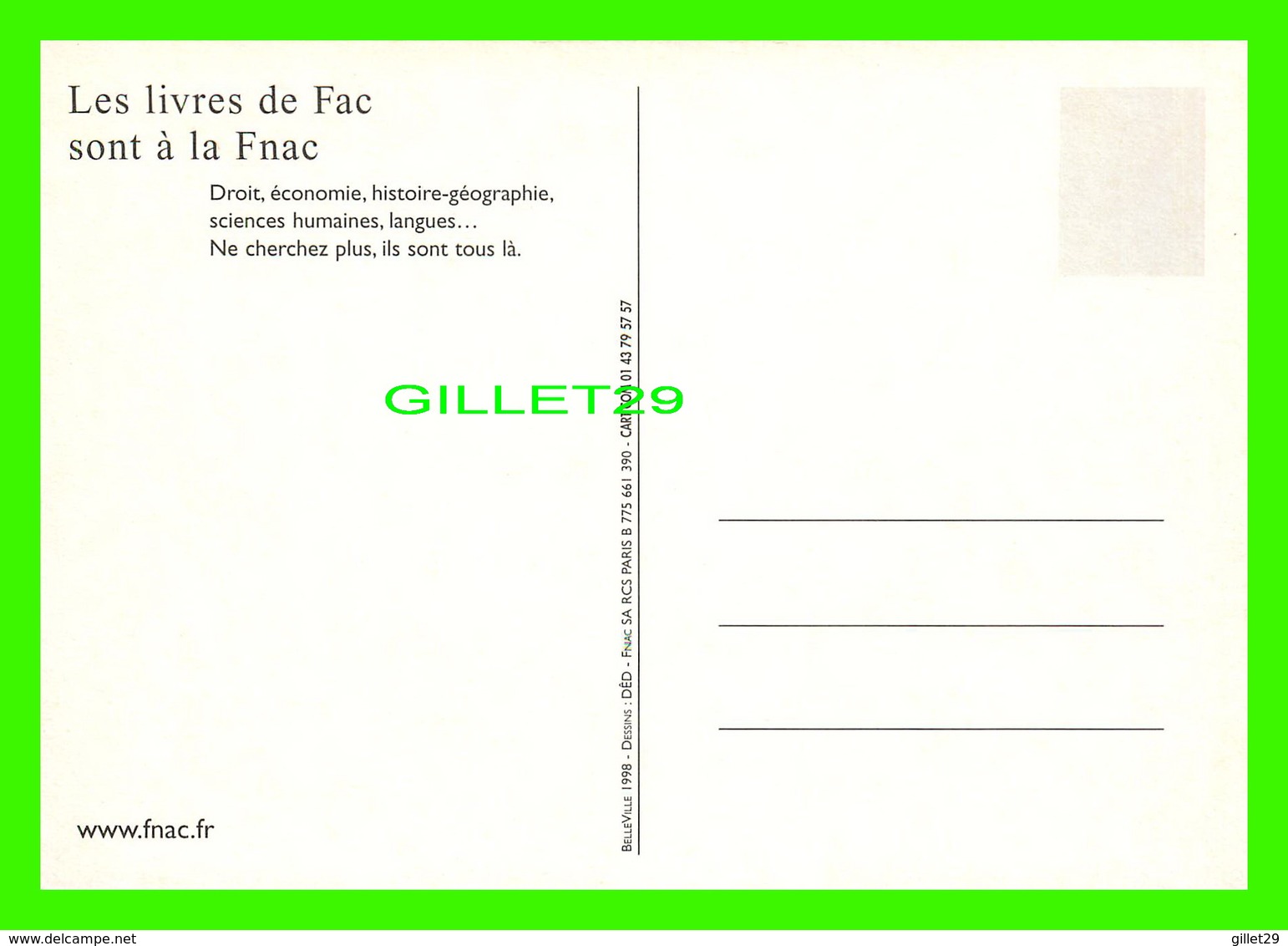 ADVERTISING - PUBLICITÉ - LES LIVRES DE FAC SONT À LA FNAC - ET LES U. V. À SAINT-TROPEZ - BELLEVILLE 1998 - - Werbepostkarten