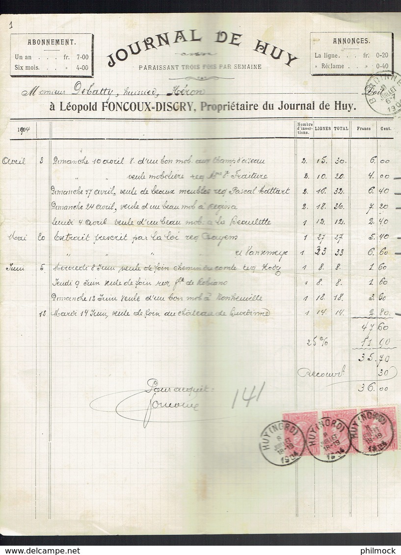 M.Facture Journal De Huy - Obl Burdinne Et Huy(Nord) Le 8-Juillet-1904 - Bande De Trois Du 58 Par Burdinne Vers Héron - 1900 – 1949