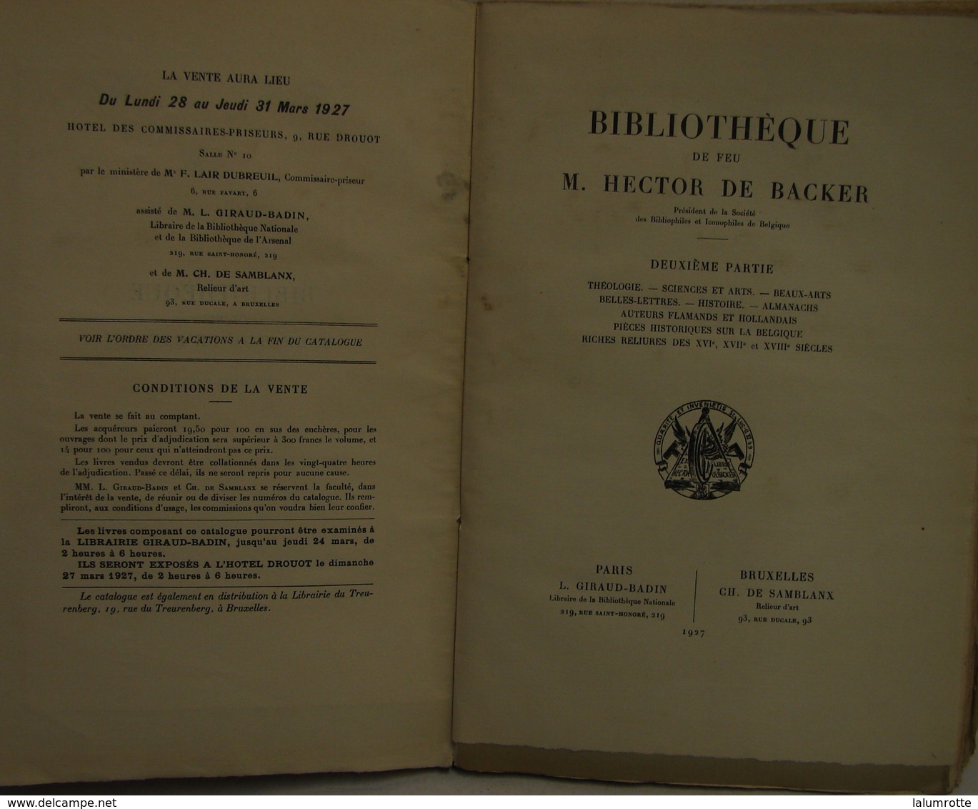 Liv. 316. Bibliothèque De Feu M. Hector De Backer. Deuxième Partie 1927 - 1901-1940