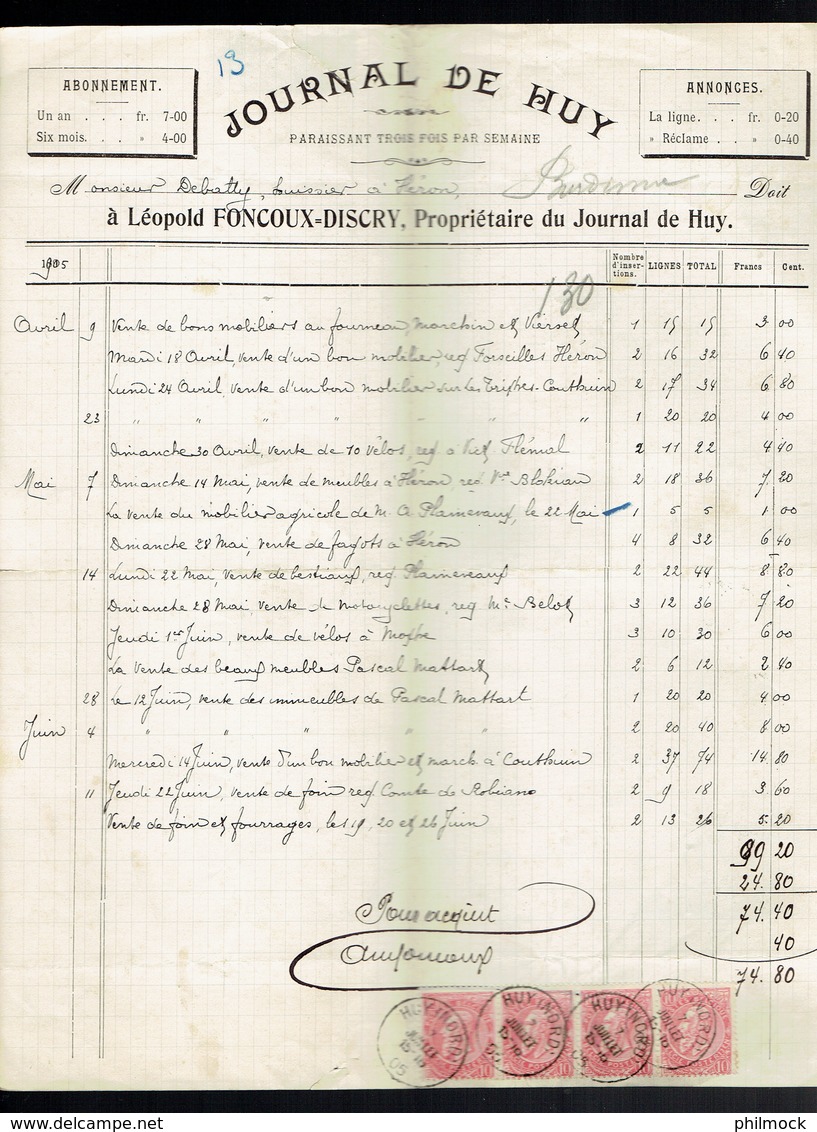 M.Facture Journal De Huy - Obl Burdinne Et Huy(Nord) Le 7-Juillet-1905-bande De 4 Du 58 Par Burdinne Vers Héron - 1900 – 1949