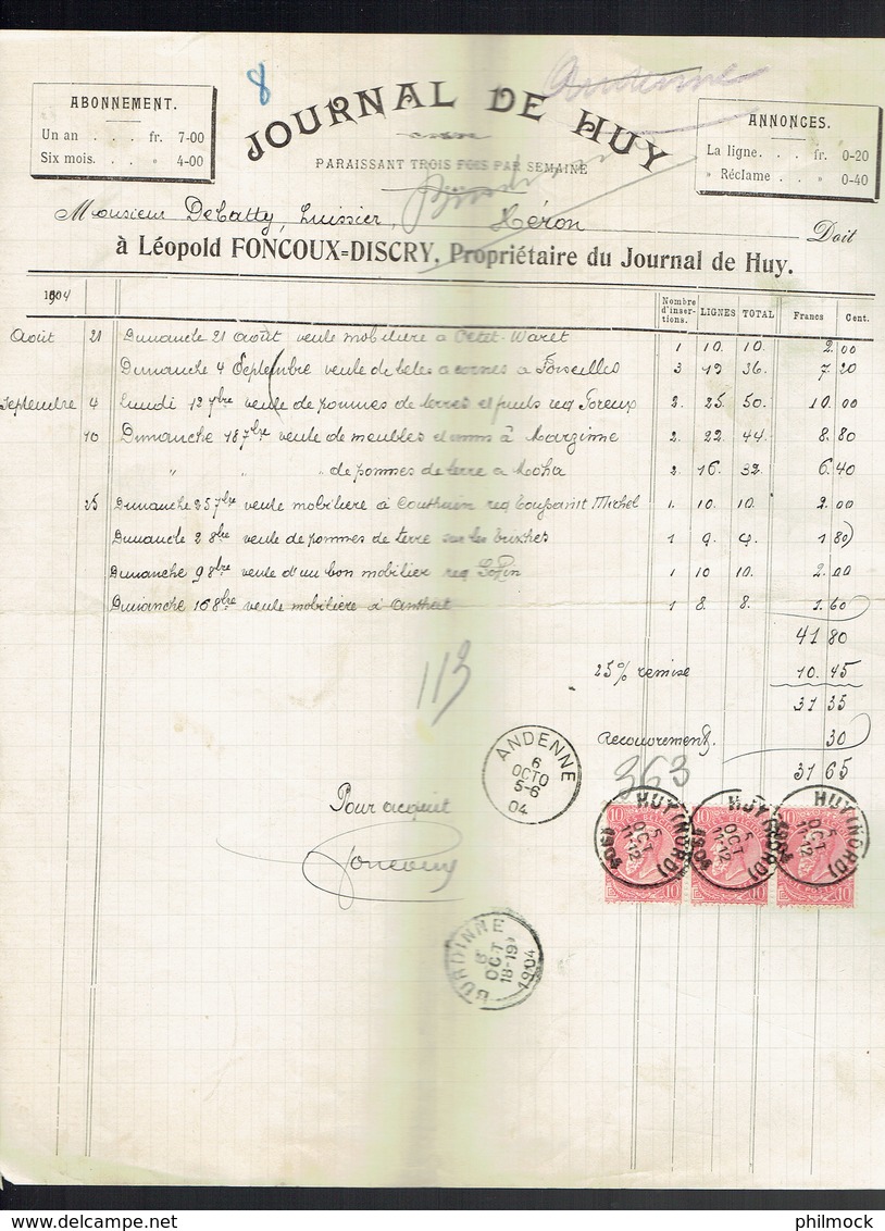 M.Facture Journal De Huy - Obl Andenne-Burdinne Et Huy(Nord) Le 5-Octo-1904-bande De 3 Du 58 Vers Héron - 1900 – 1949