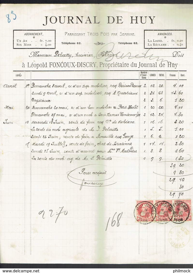 M.Facture Journal De Huy - Obl Huy(Nord) Le 9-Juillet-1908-bande De 3 Du 74 Par Burdinne Vers Héron - 1900 – 1949